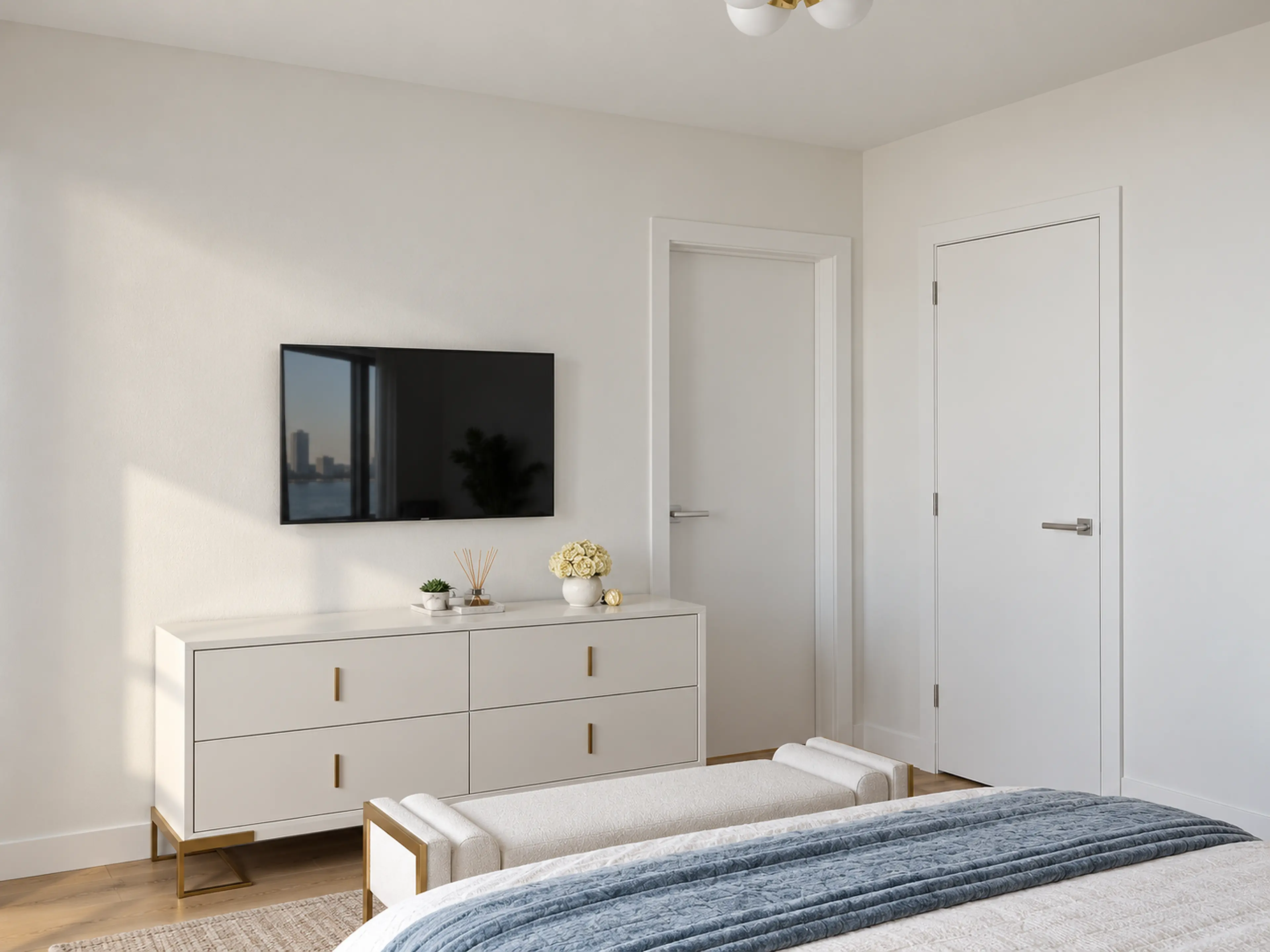 Bedroom view toward a white dresser and wall-mounted television.
