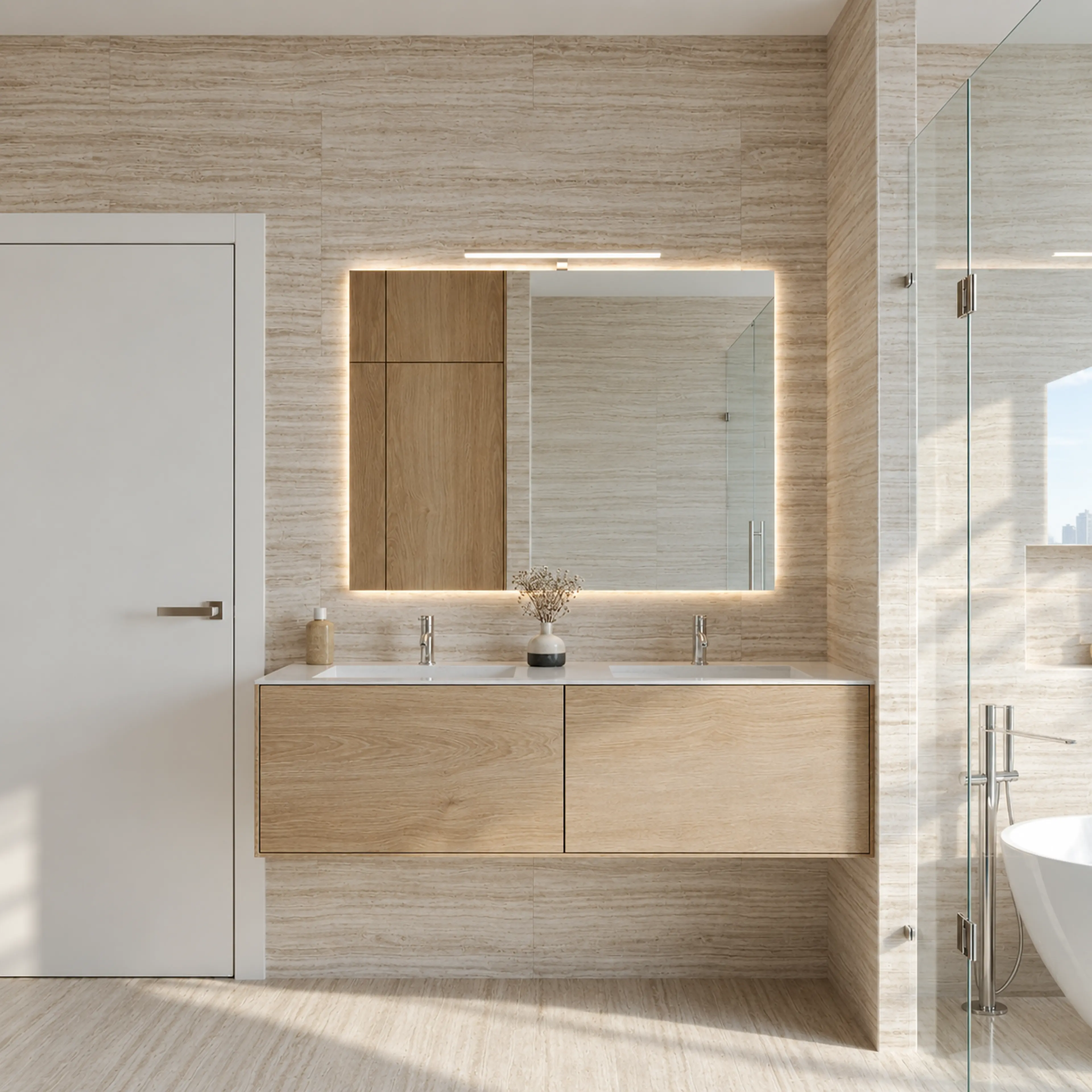 Floating pale-wood bathroom vanity with an illuminated mirror.