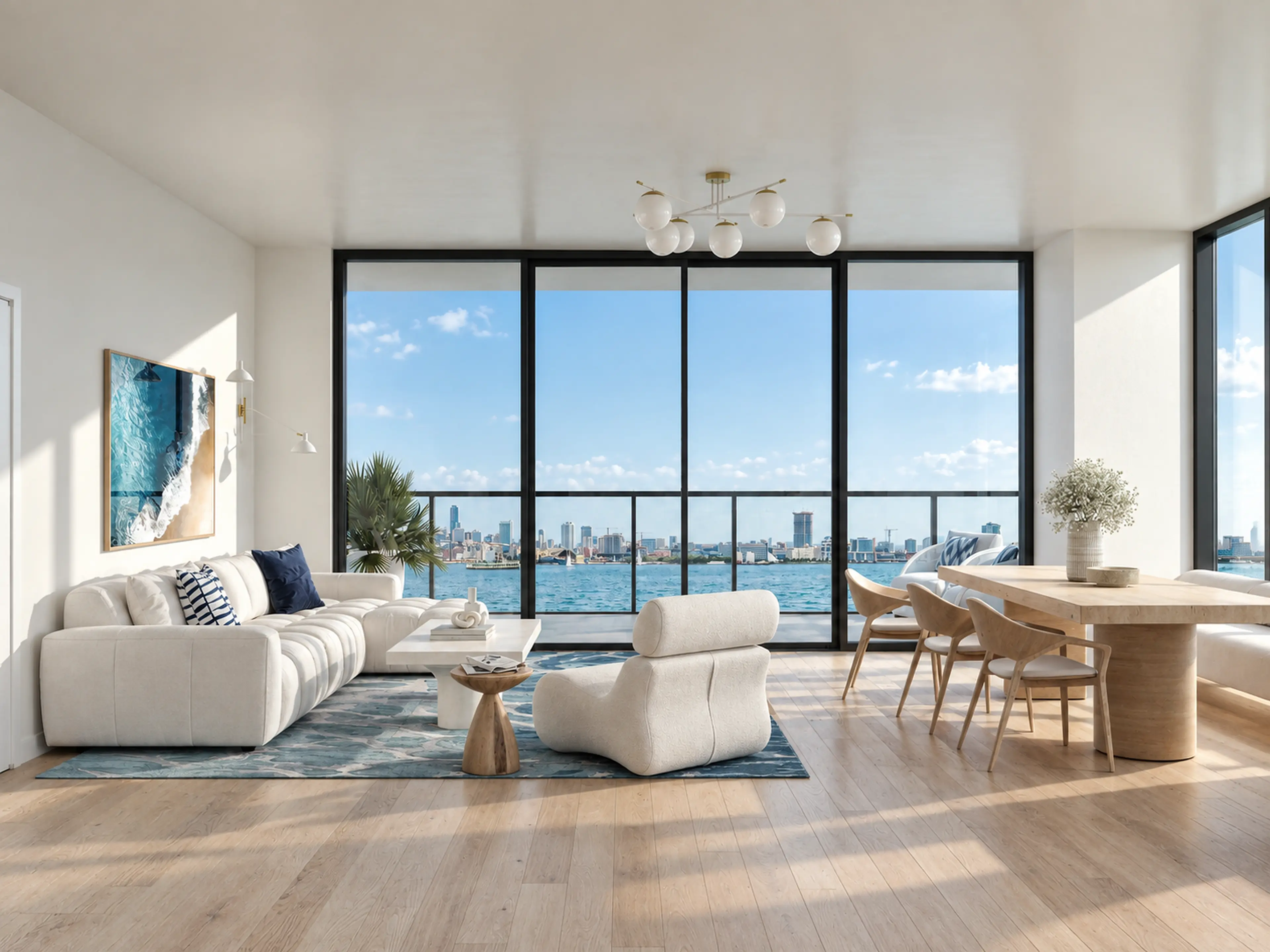 Window-side living and dining area with coastal views.
