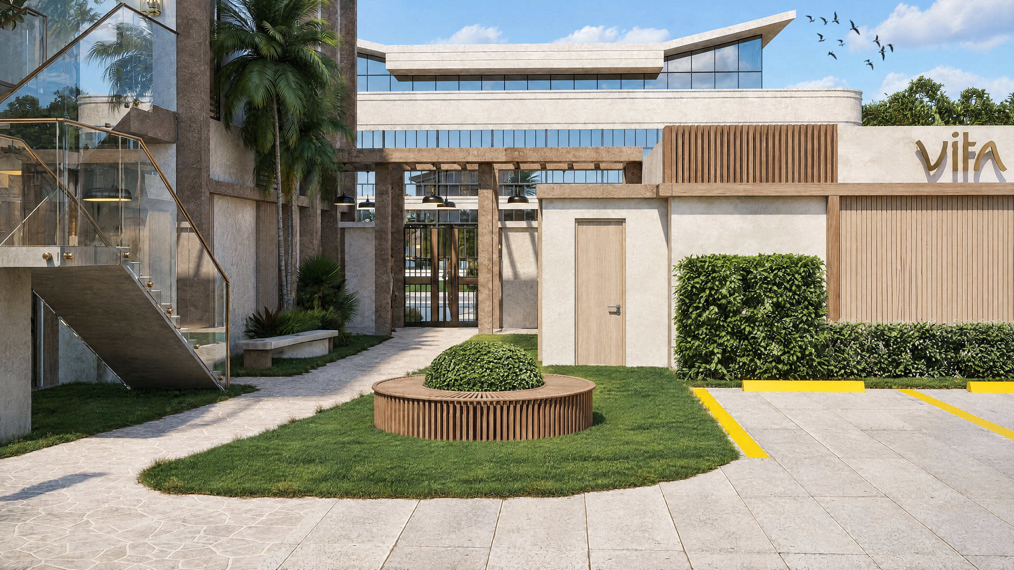 Landscaped walkway beside the wellness center entrance.