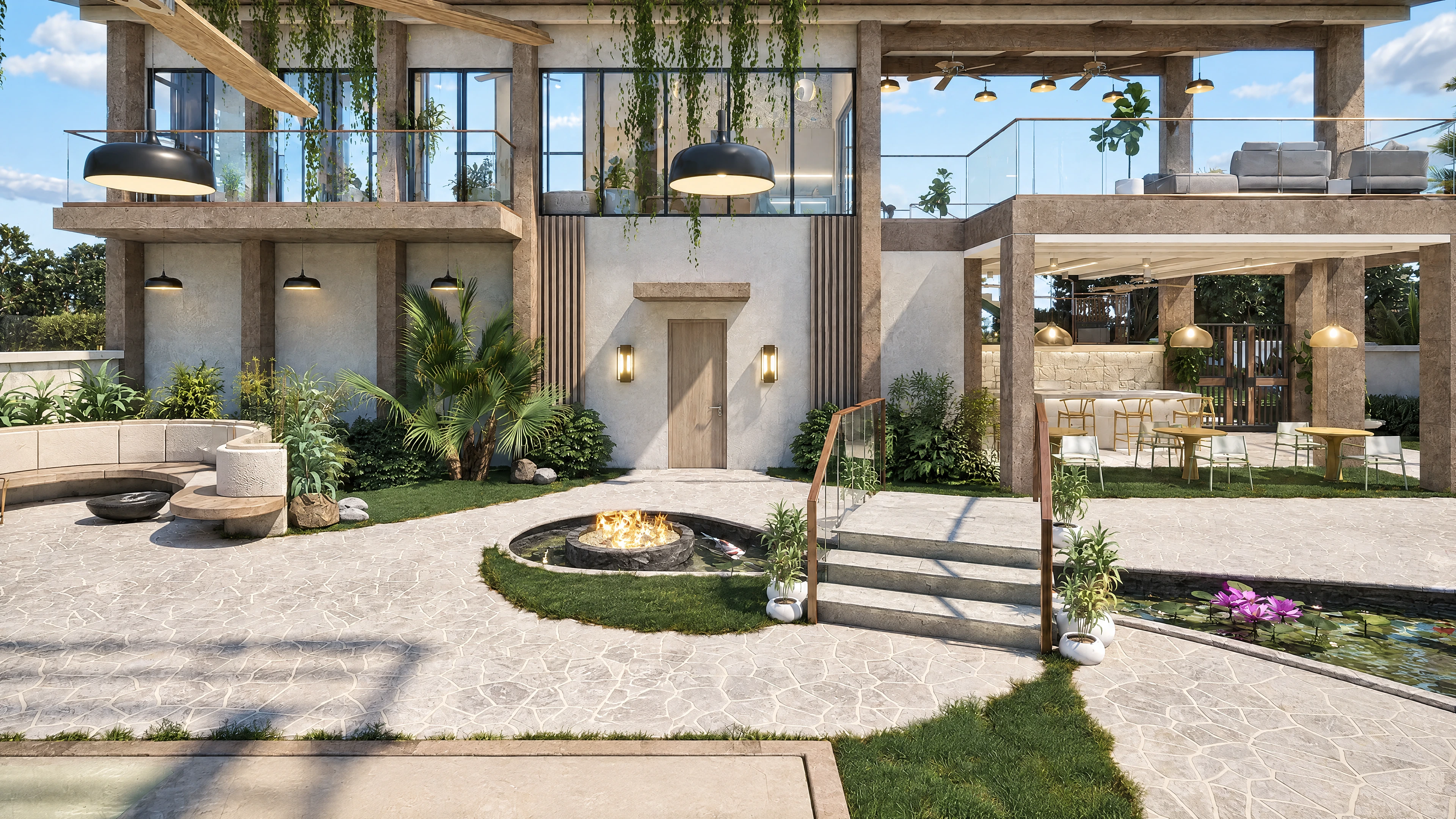 Courtyard with planting beds, seating and a broad staircase.