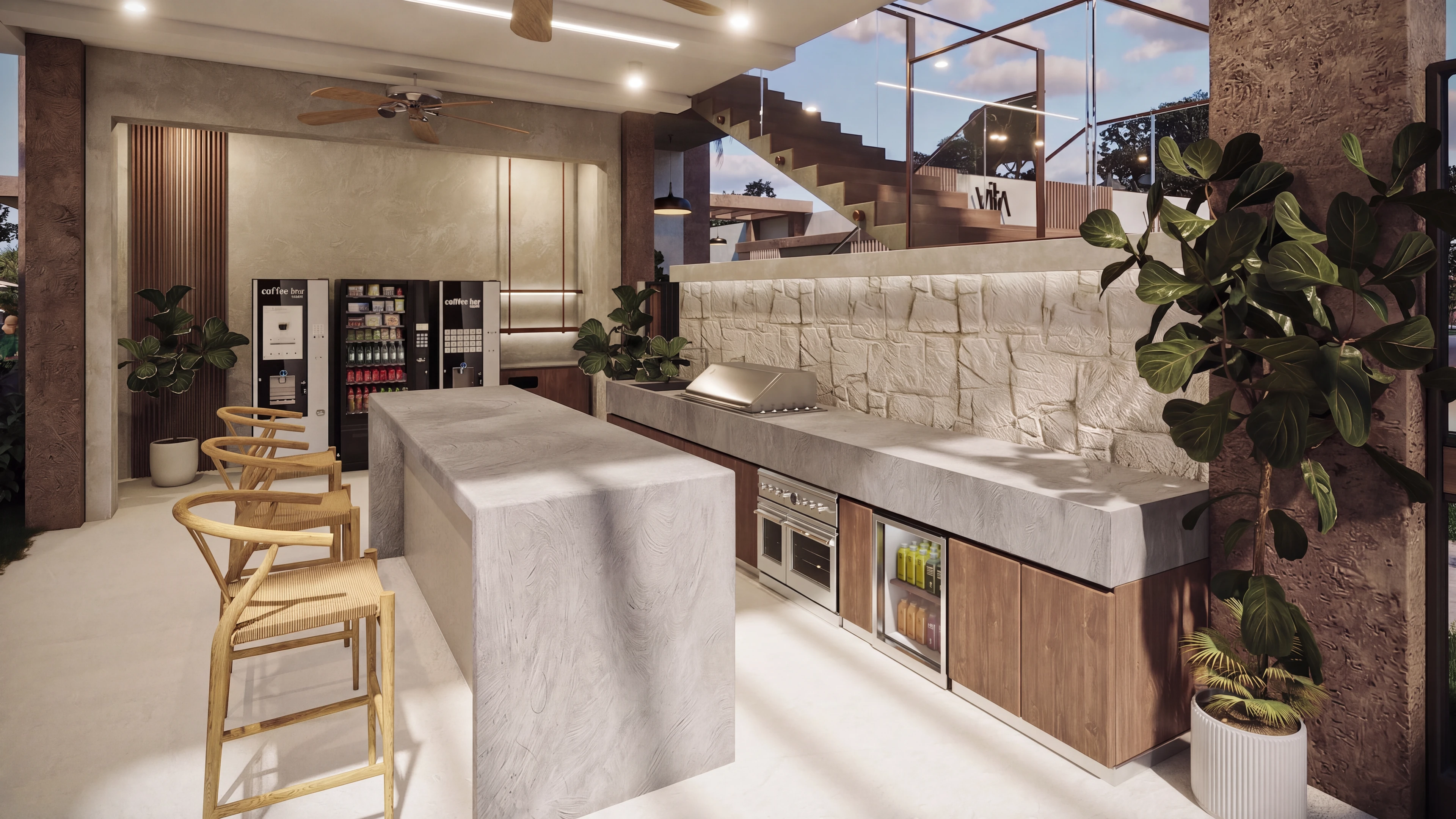 Covered counter area with stools and built-in storage.