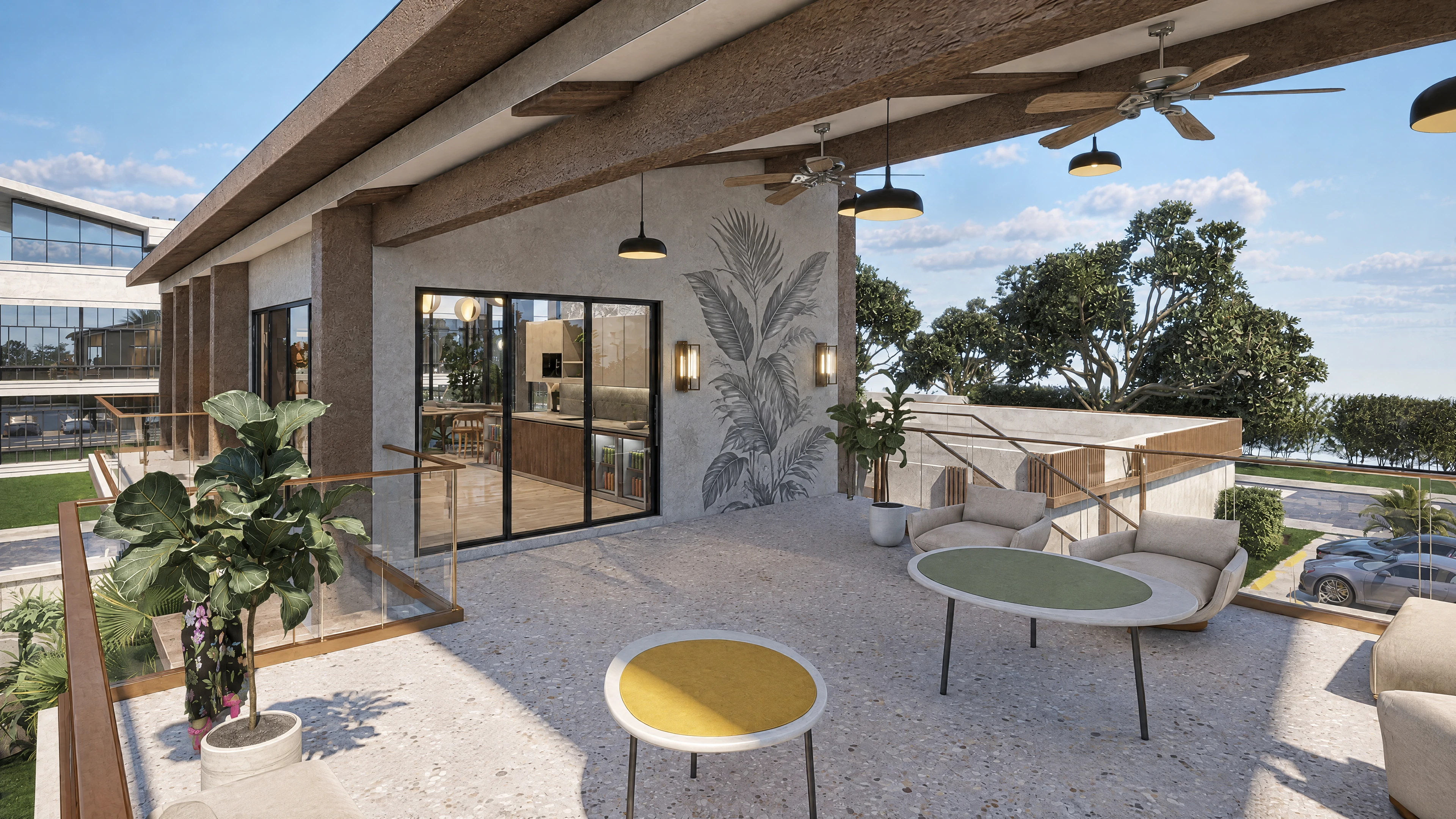 Upper terrace with café seating and outdoor planting.