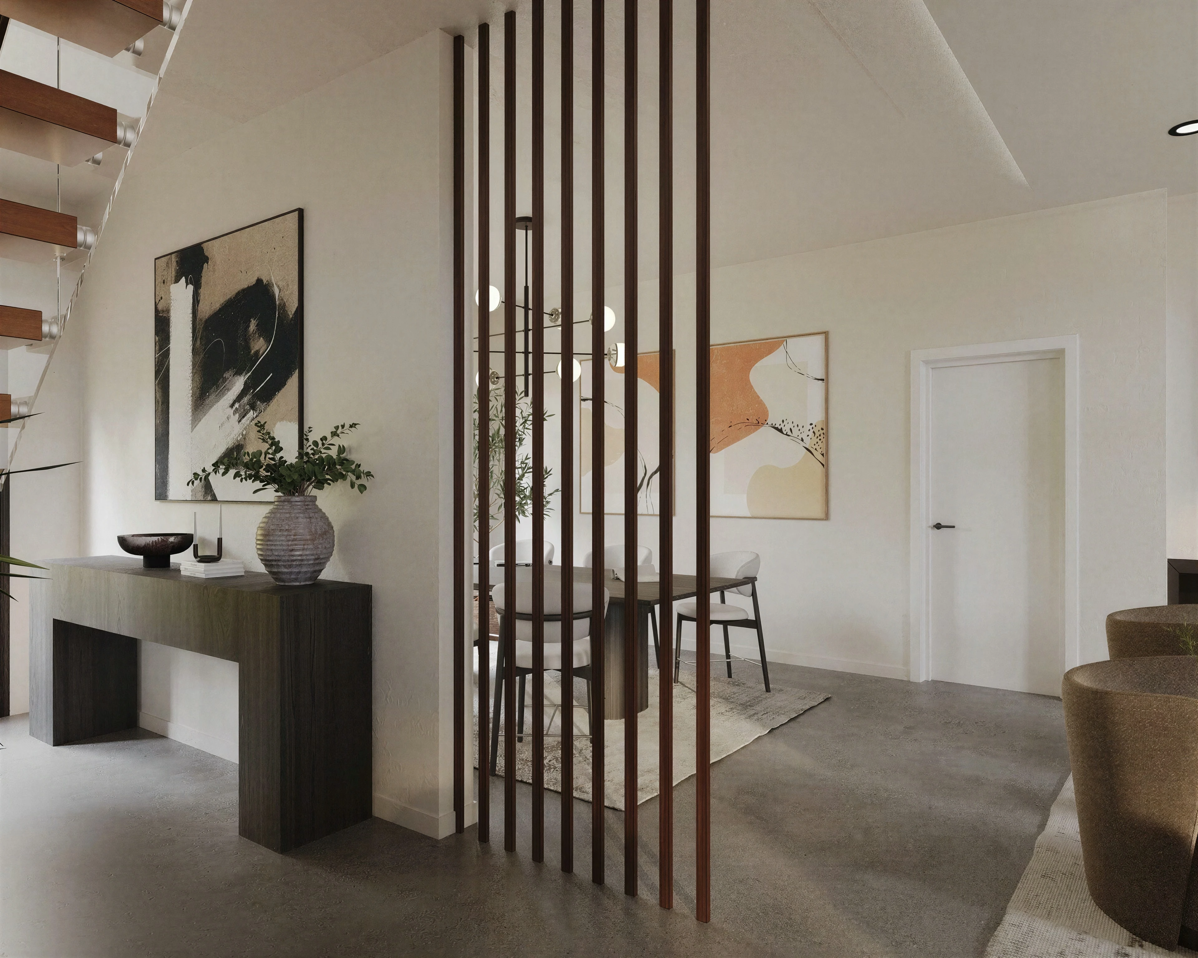 Entry console beside vertical wood dividers.