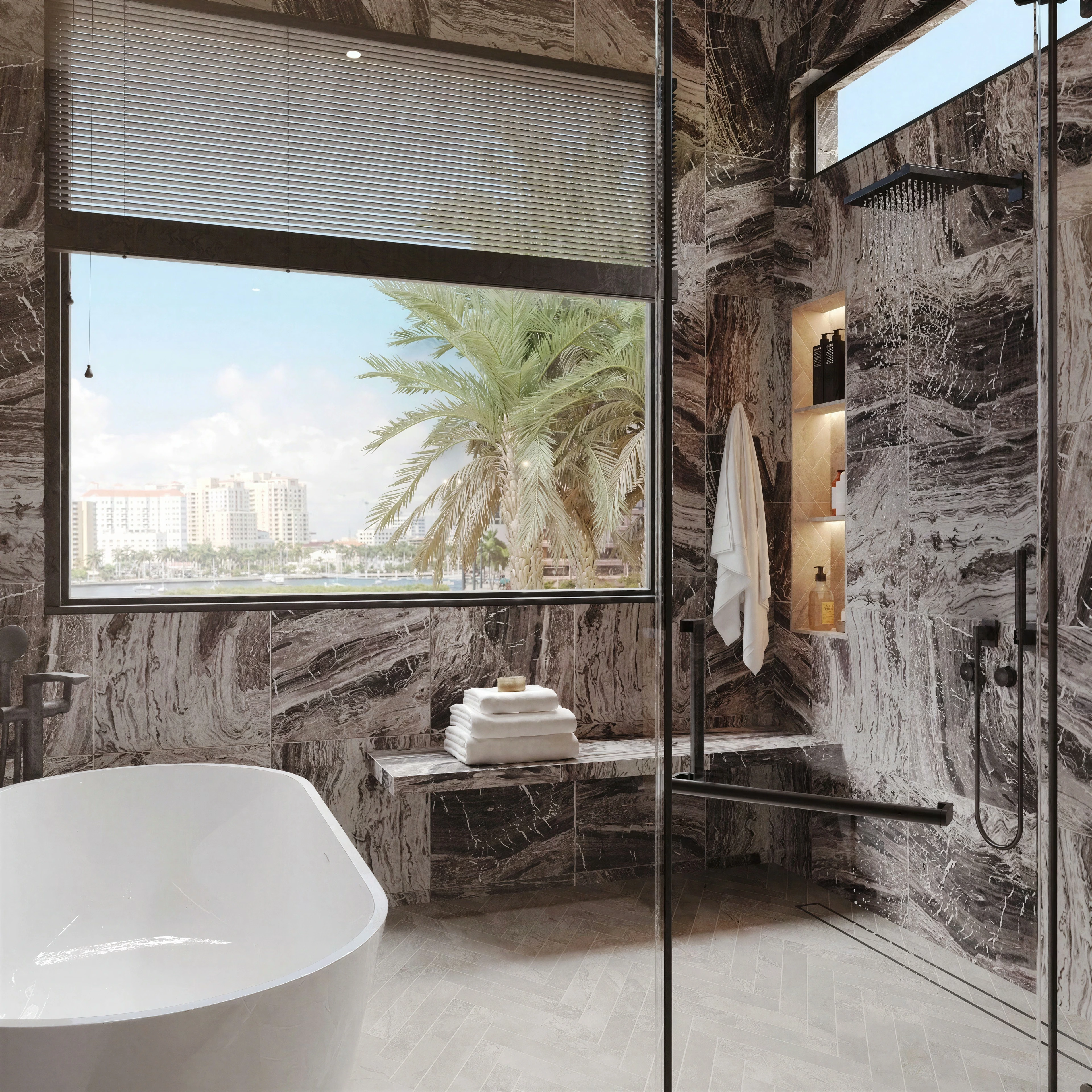 Bathroom with a freestanding tub and glass shower enclosure.