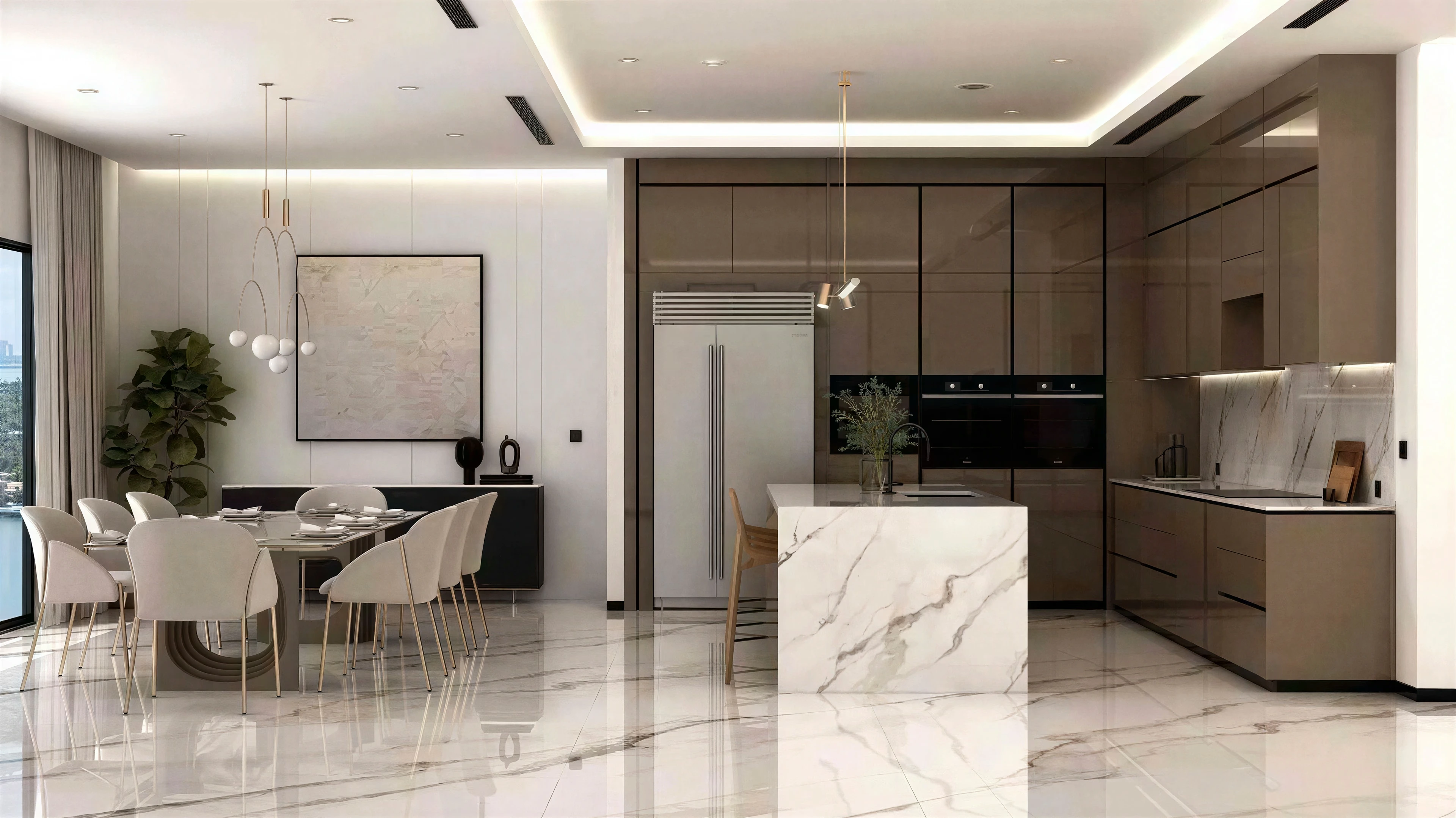 Open kitchen and dining area with wood cabinetry and stone surfaces.