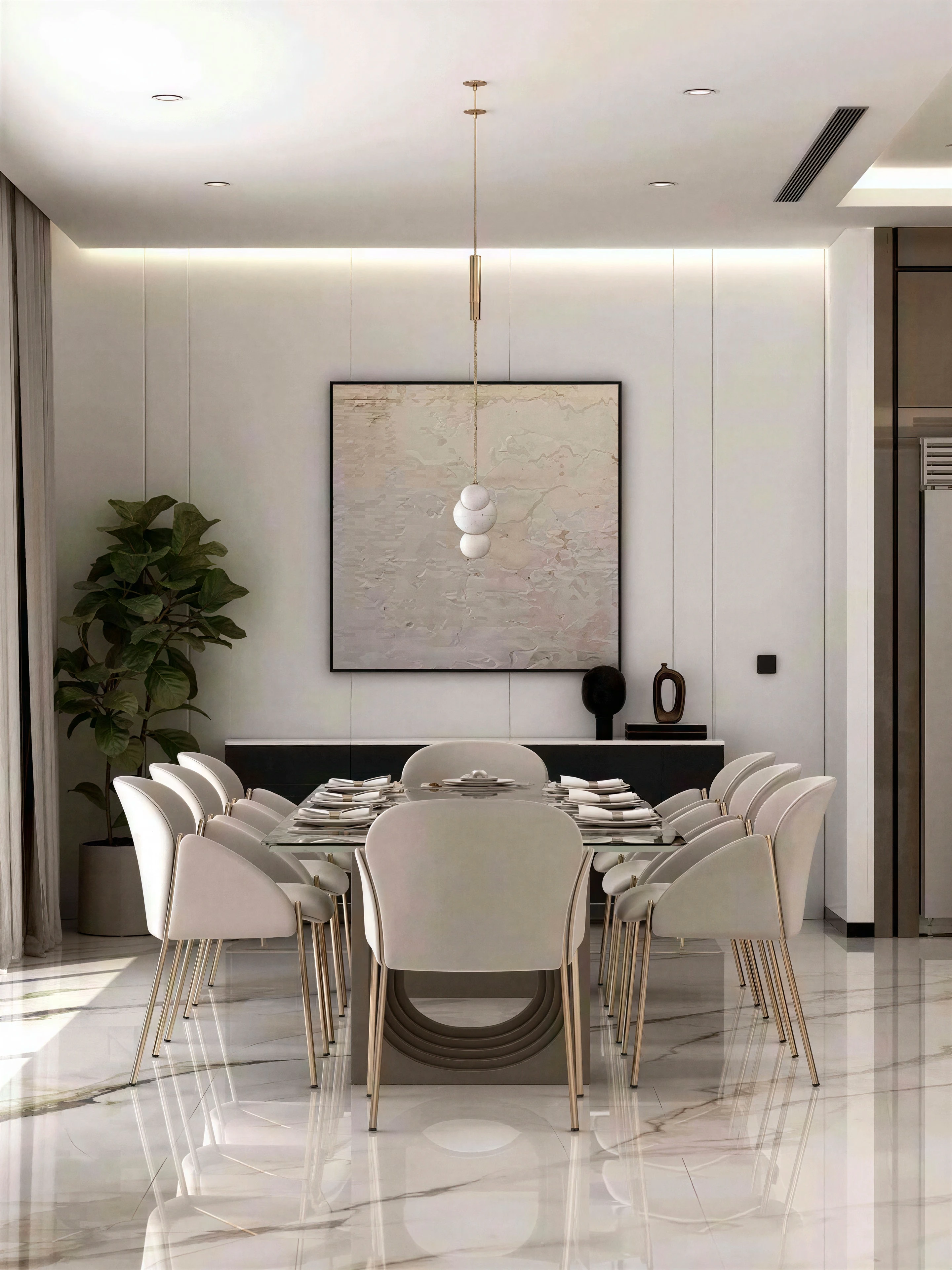 Dining table beneath a slim suspended light fixture.
