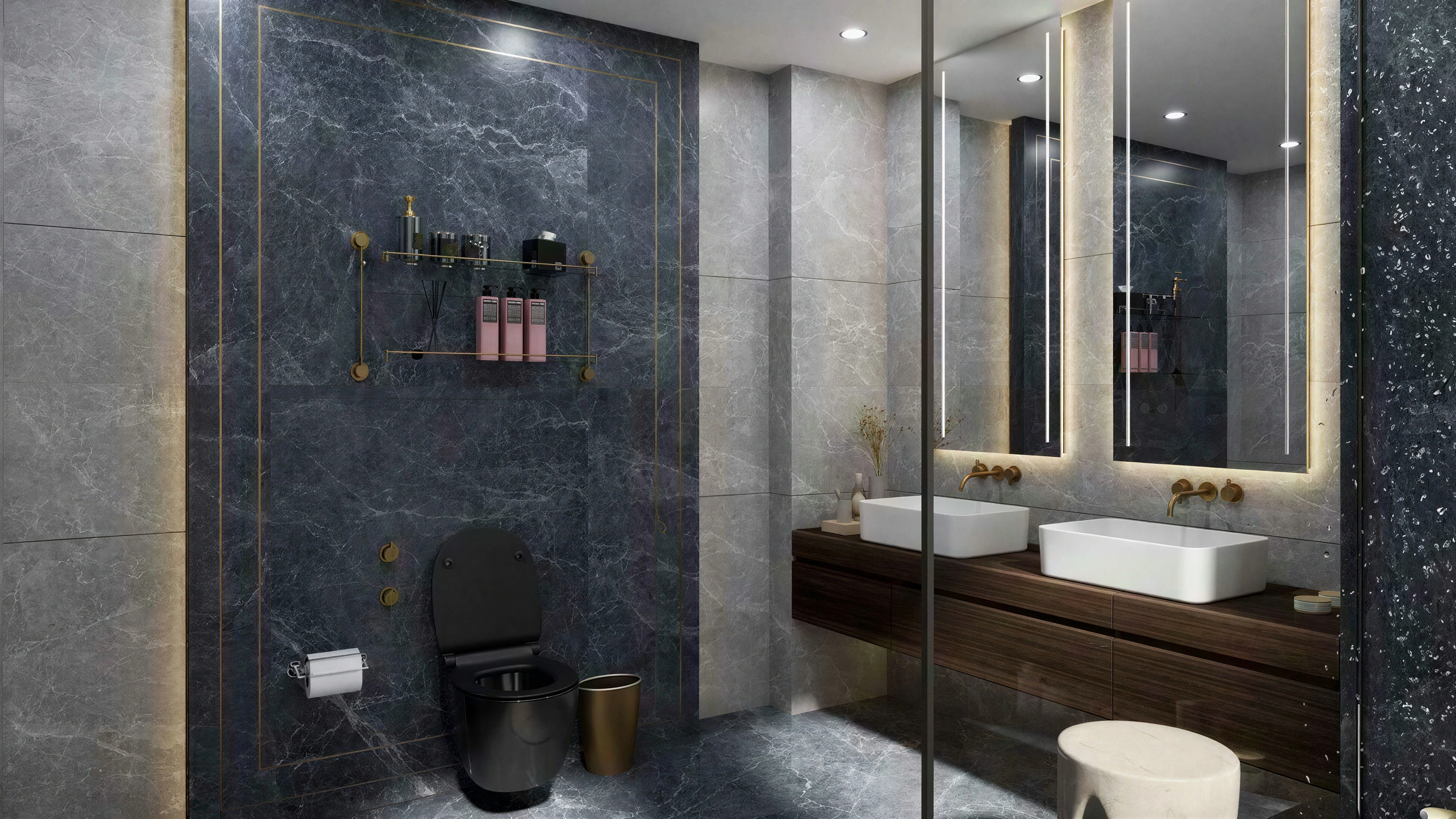 Dark shower enclosure beside the double vanity.