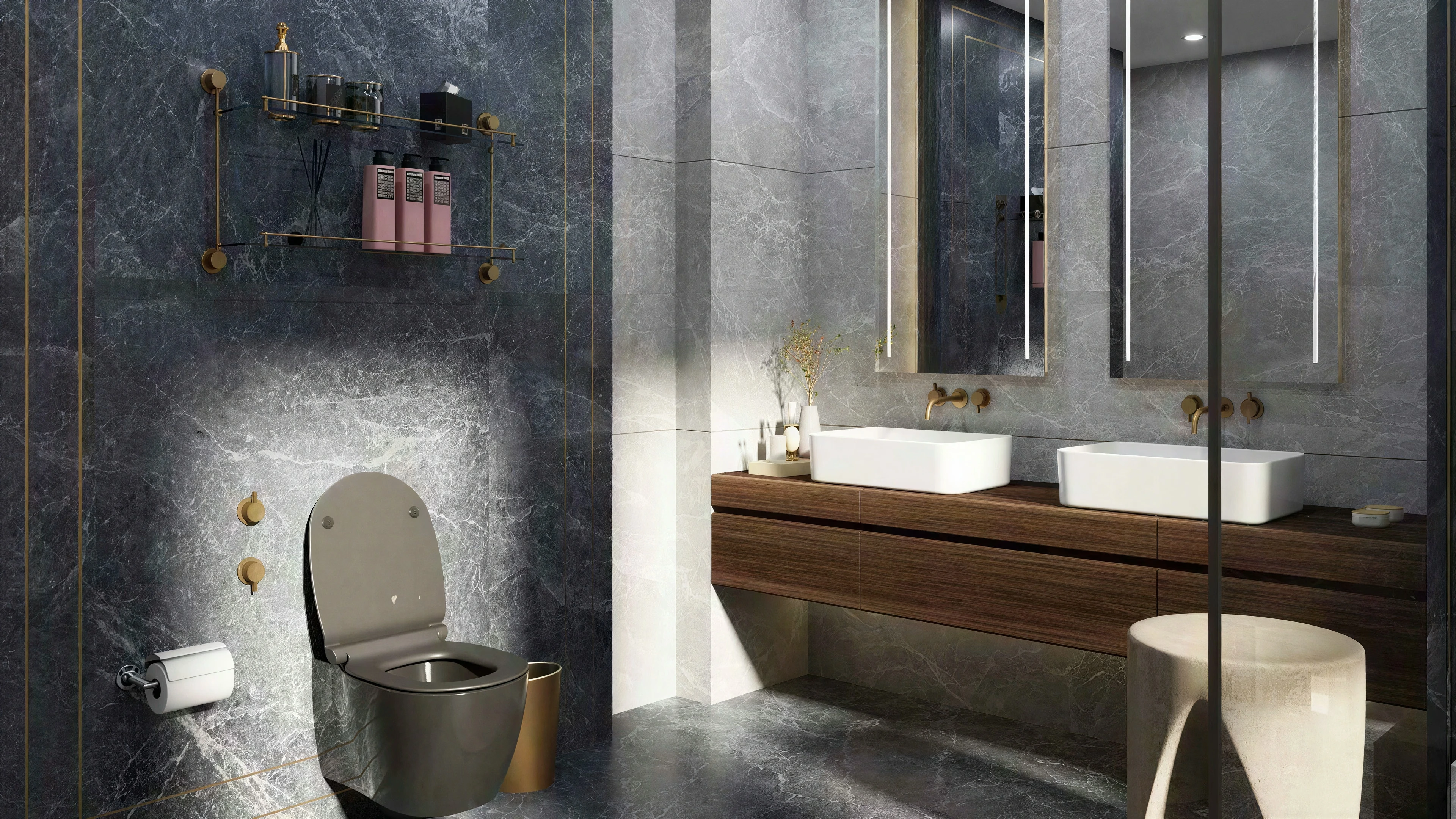 Glass shower and toilet area beside the wood vanity.