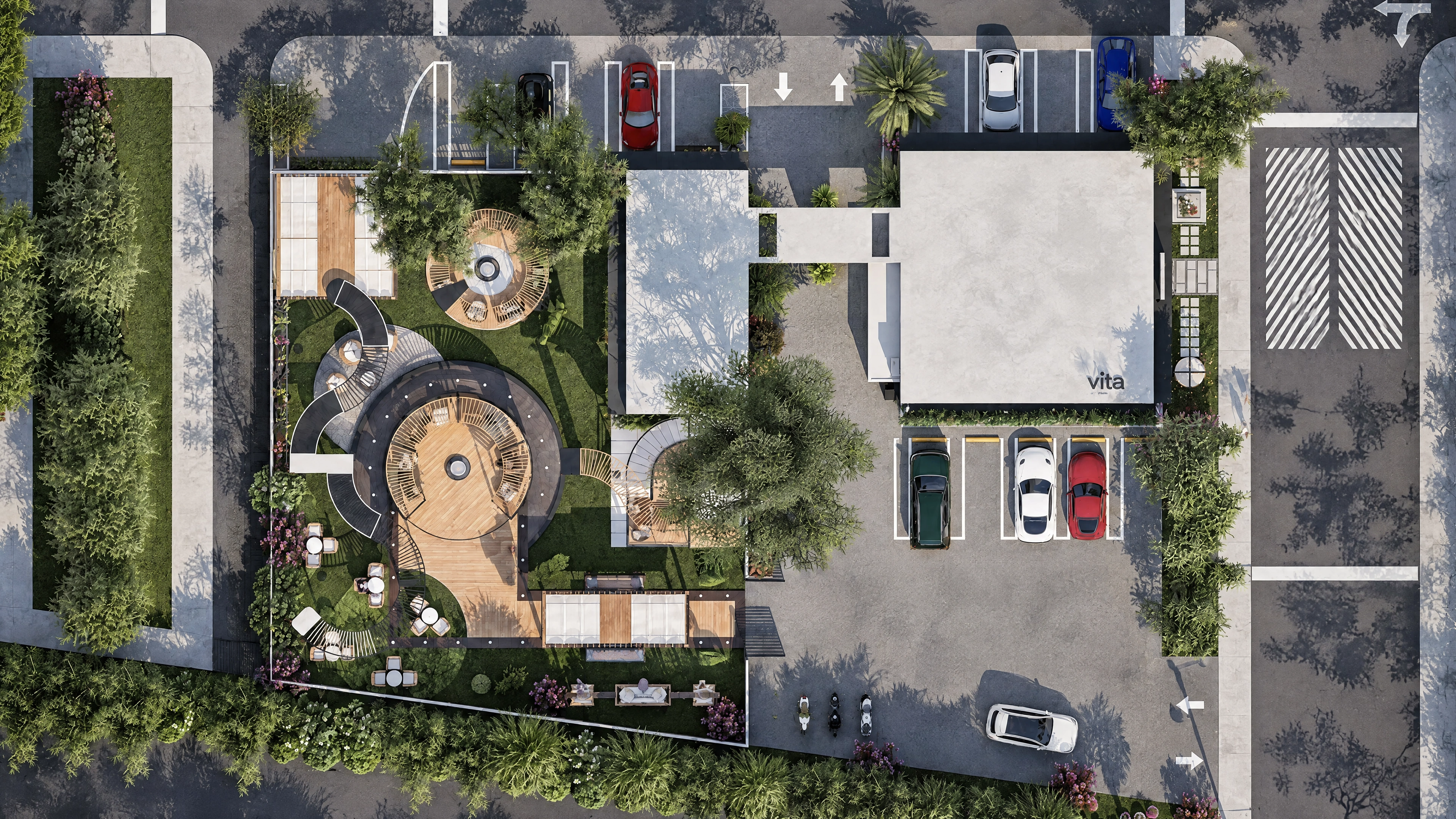 Overhead site view of the med spa and its landscaped outdoor areas.