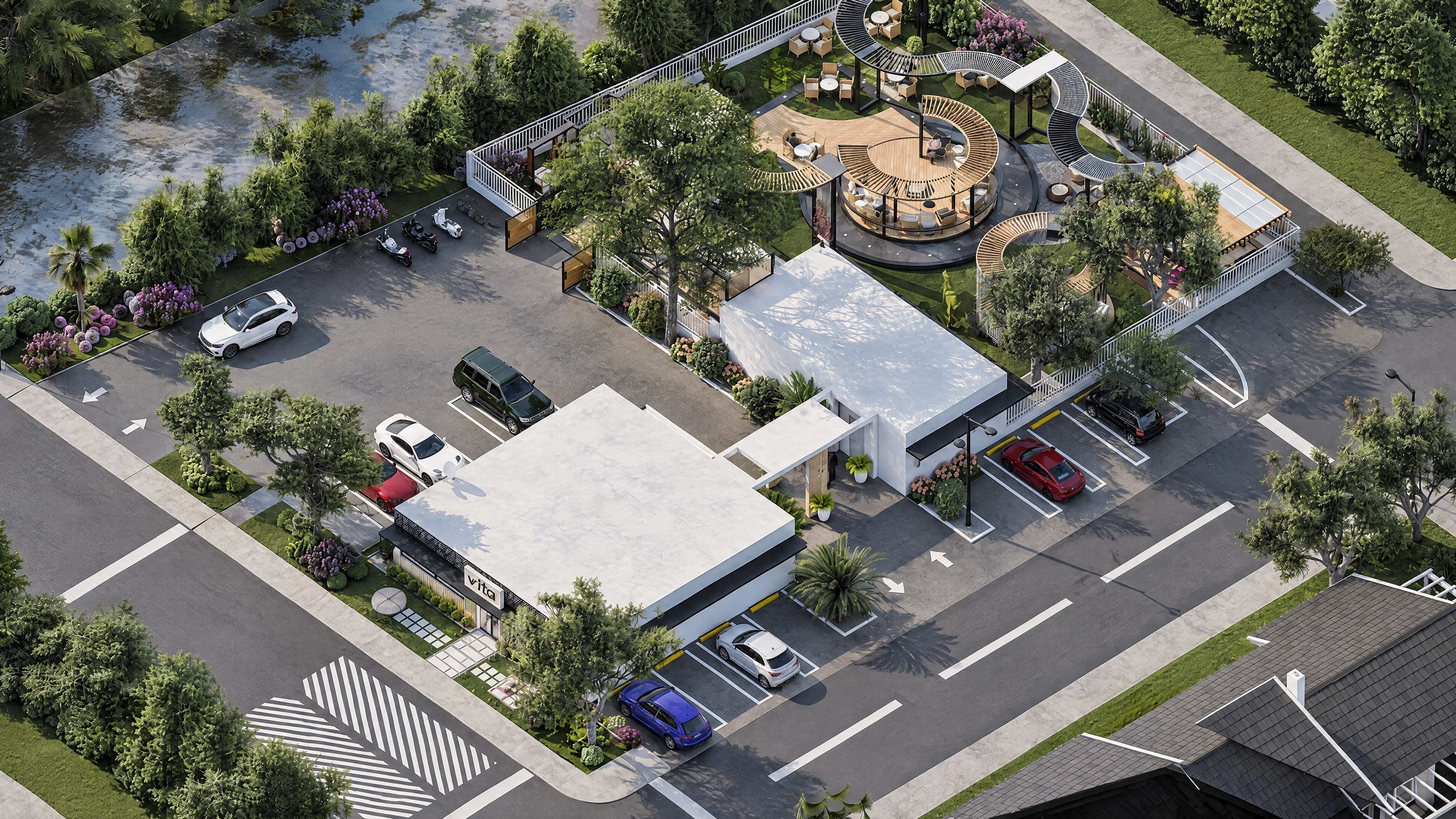 Aerial view of the med spa buildings, gardens and parking areas.