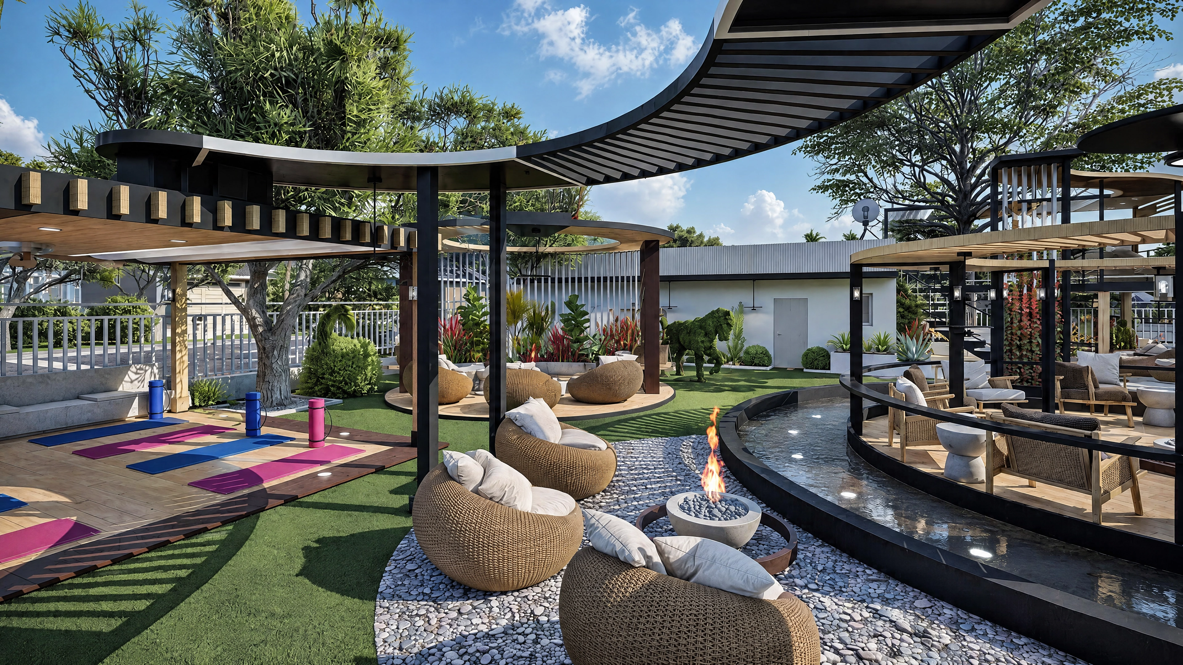Outdoor wellness courtyard with seating beneath curved pergolas.
