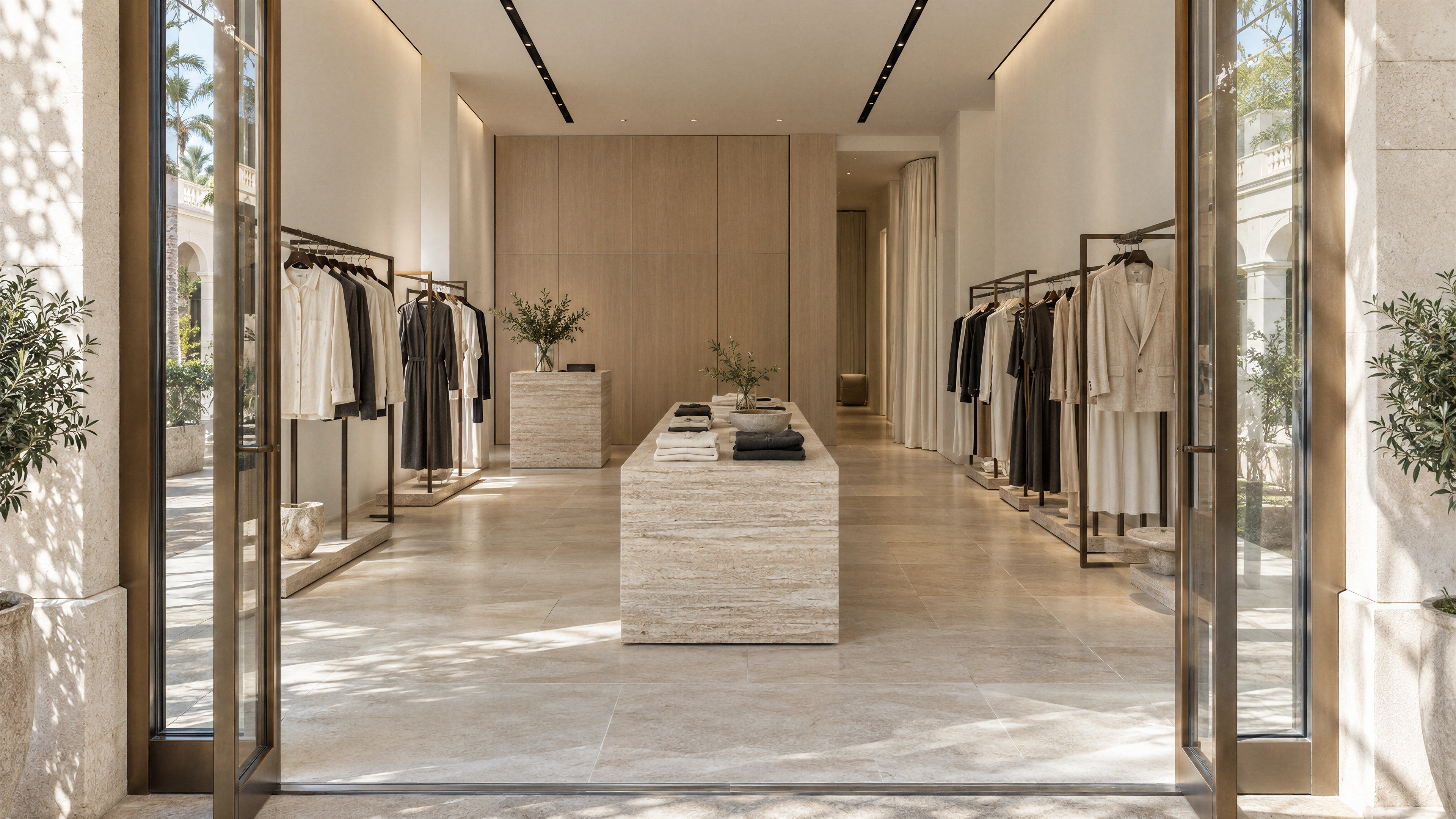 Mizner Park Apparel Boutique — the collection, framed by daylight; AI-generated design-concept visualization.