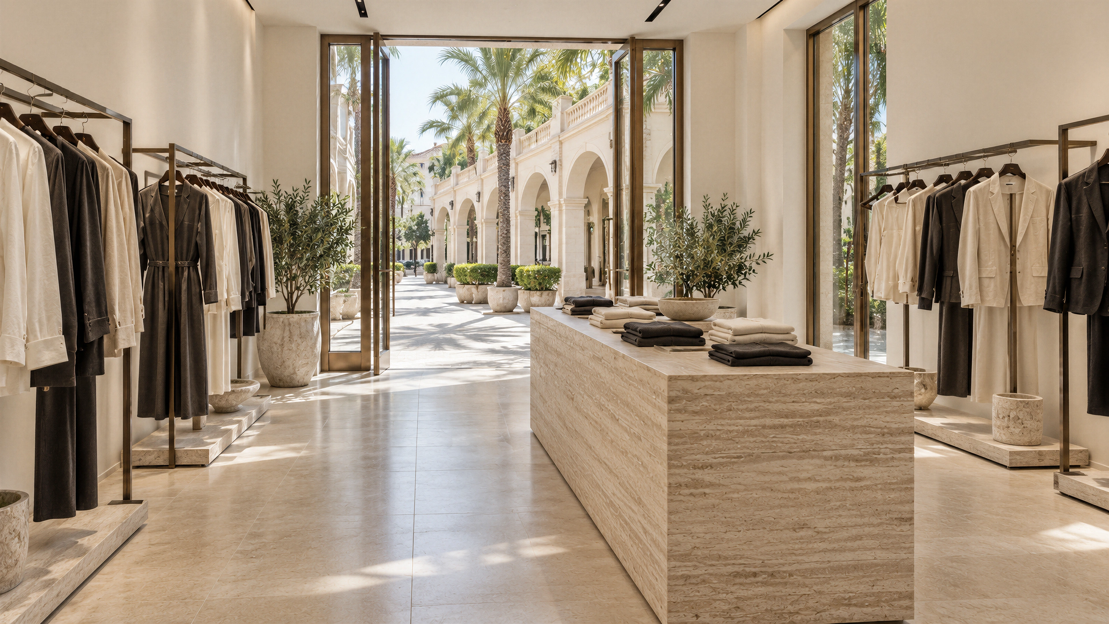 Mizner Park Apparel Boutique — a clear path back to the arcade; AI-generated design-concept visualization.