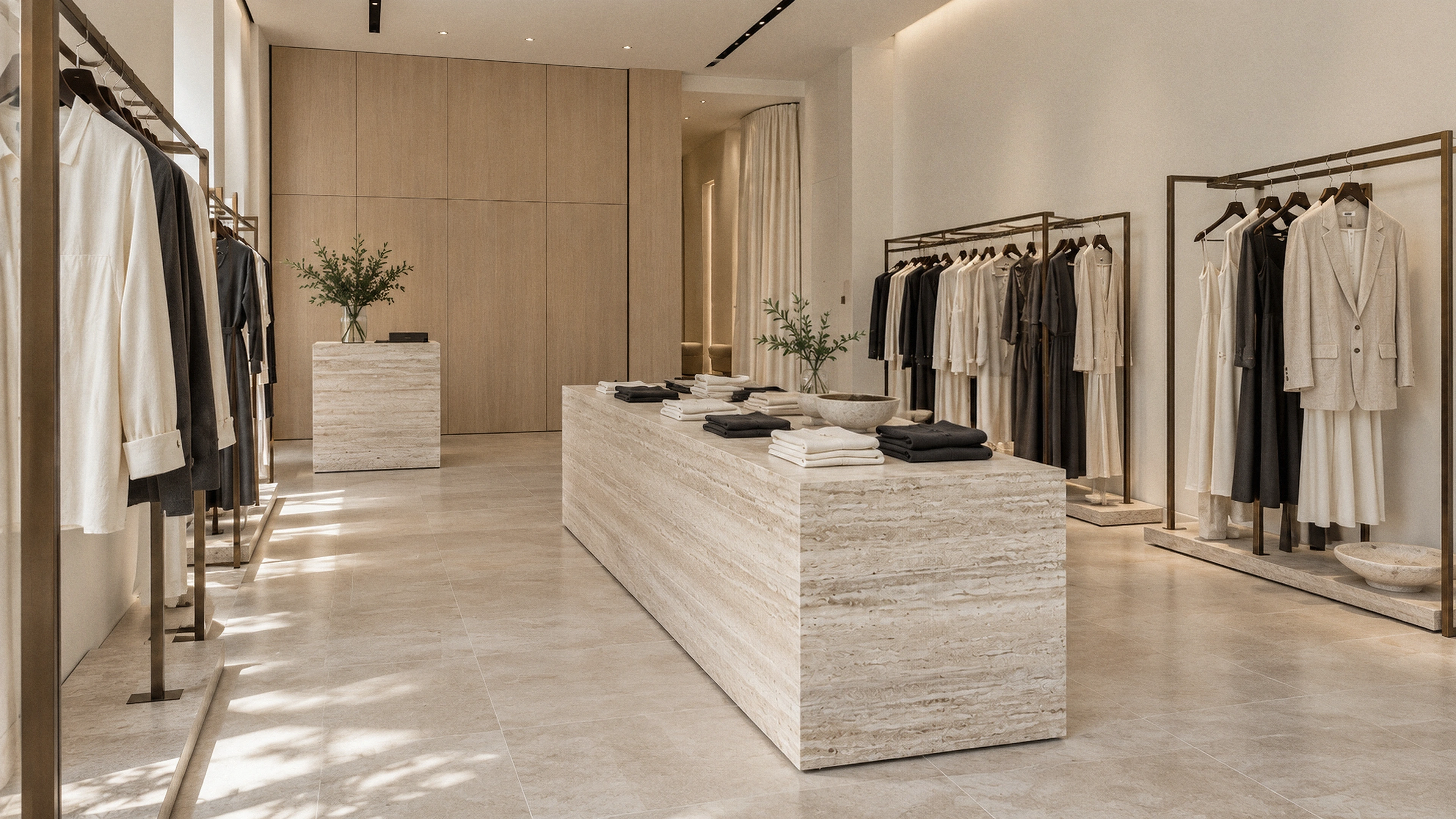 Mizner Park Apparel Boutique — space around the collection; AI-generated design-concept visualization.