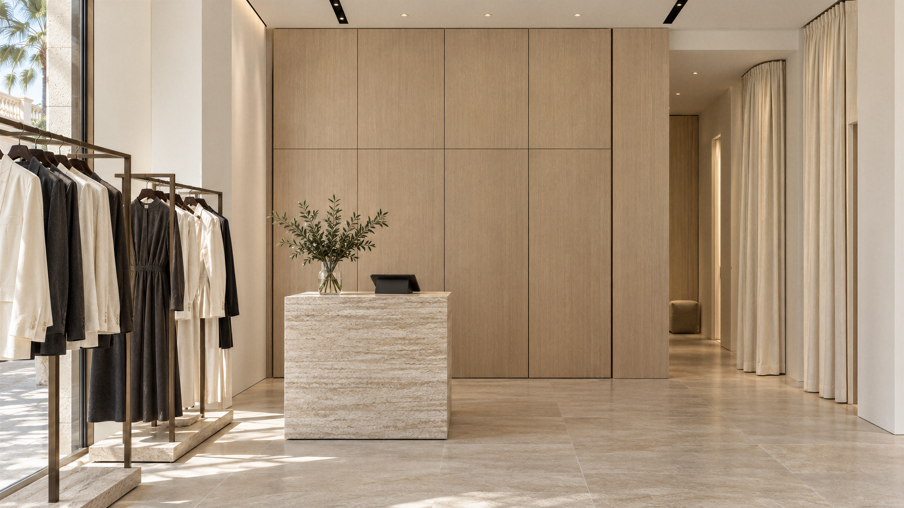 Mizner Park Apparel Boutique — checkout and concealed storage; AI-generated design-concept visualization.
