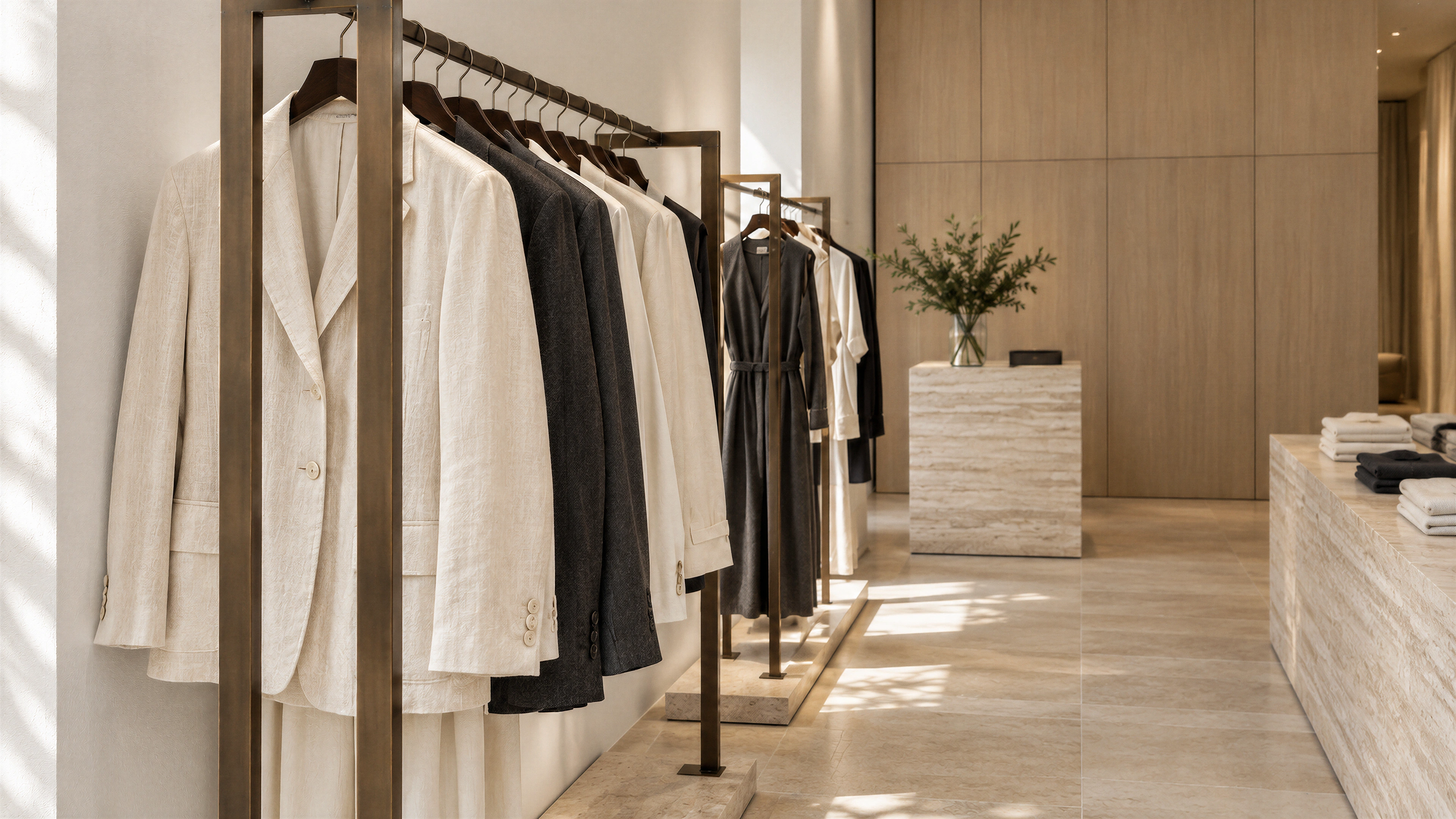 Mizner Park Apparel Boutique — bronze rails and tailored apparel; AI-generated design-concept visualization.