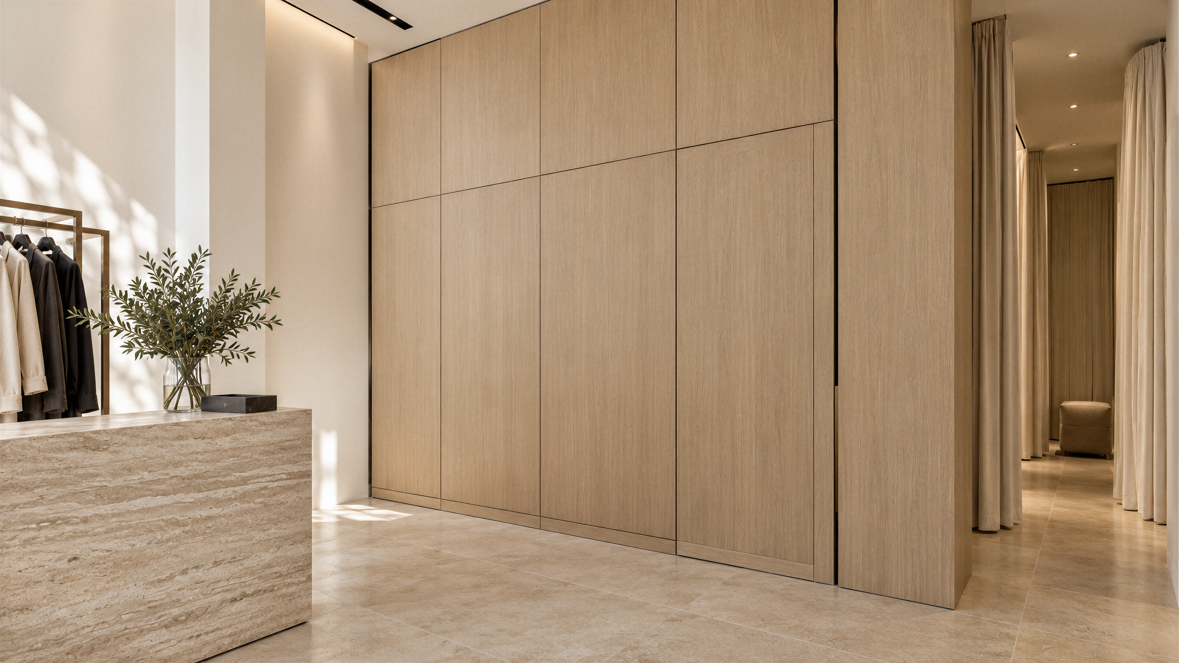 Mizner Park Apparel Boutique — flush oak joinery; AI-generated design-concept visualization.