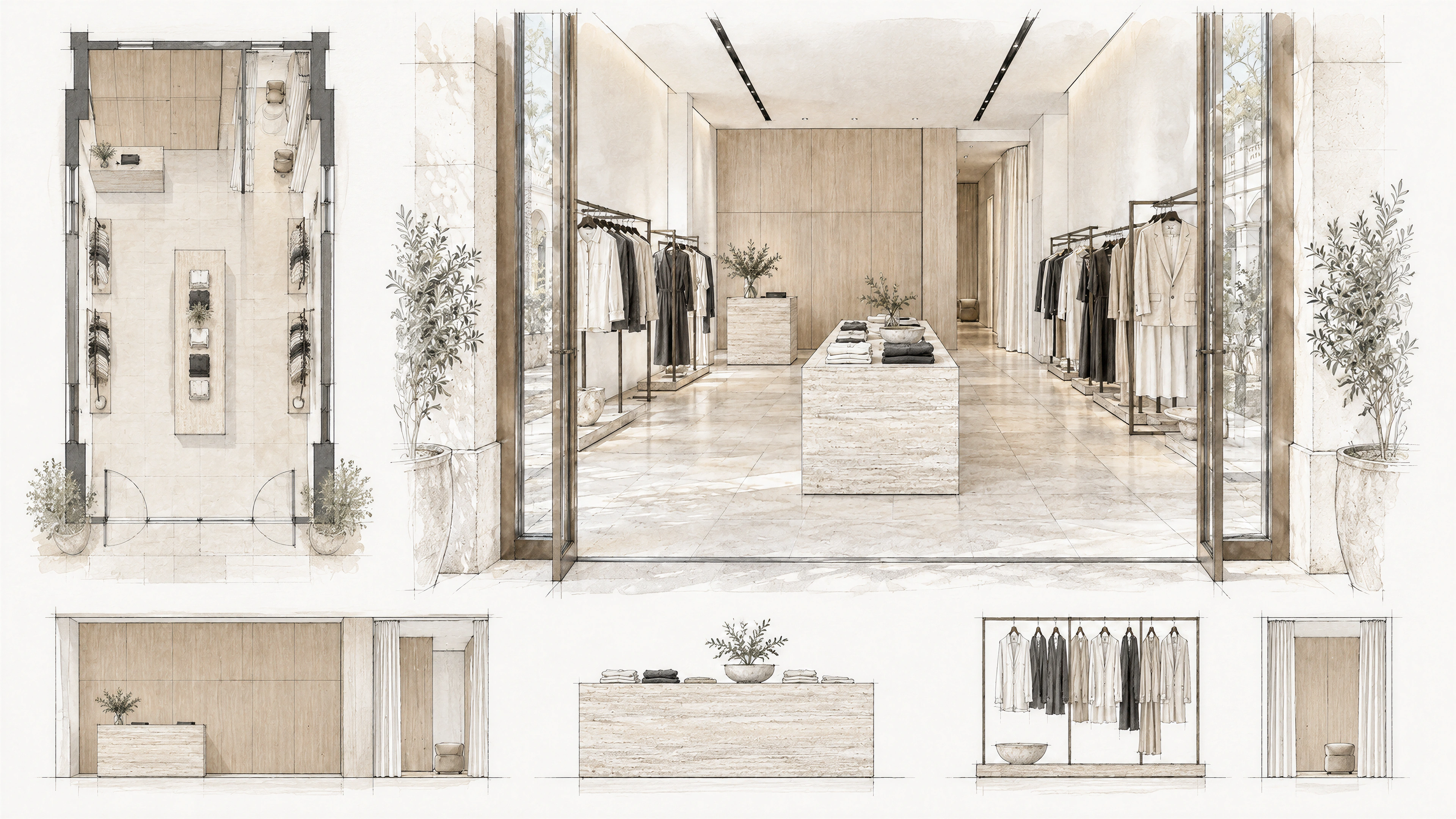 Mizner Park Apparel Boutique — spatial arrangement and millwork study; AI-generated design-concept visualization.