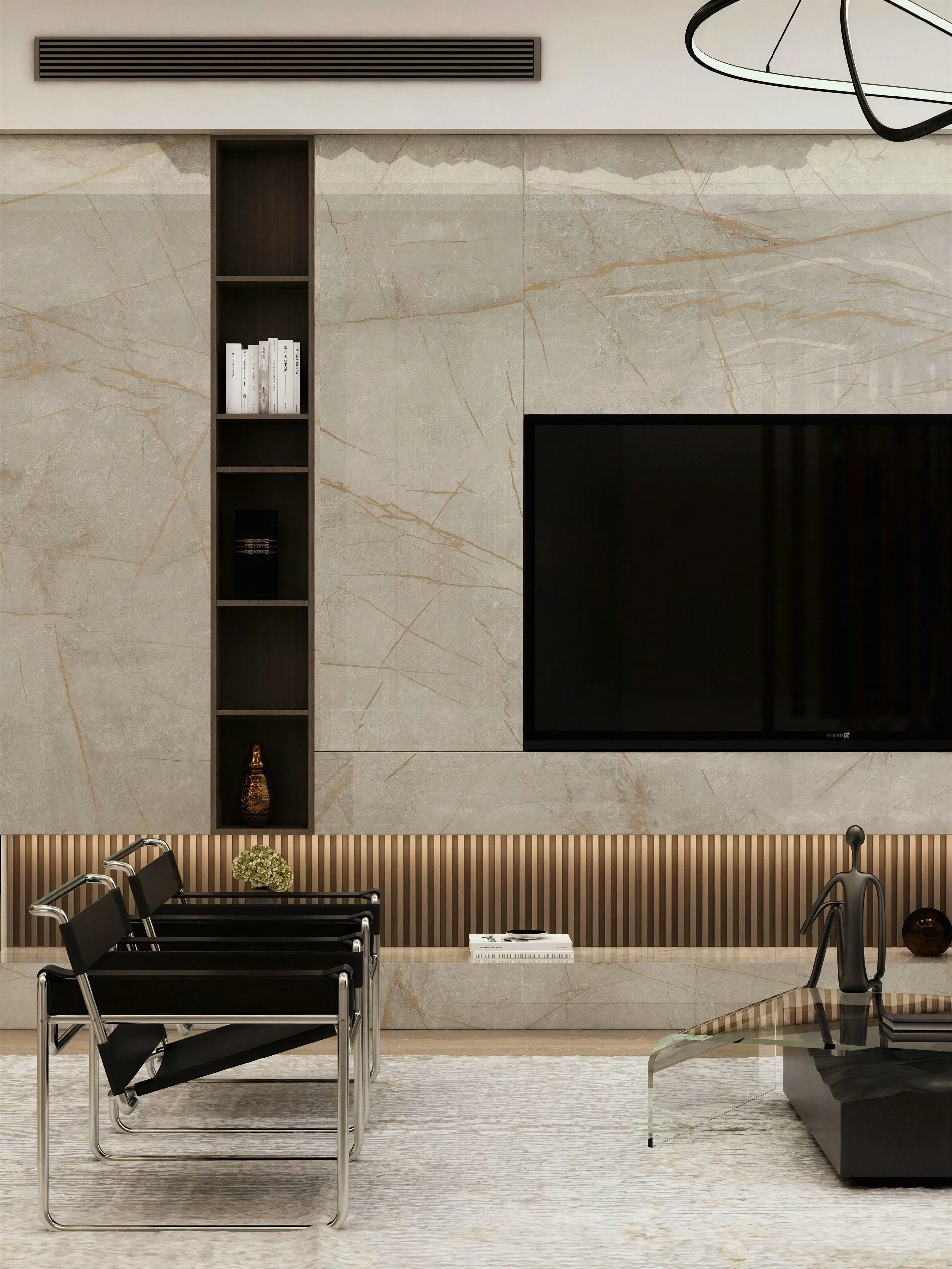 Close view of the stone television wall and low seating.