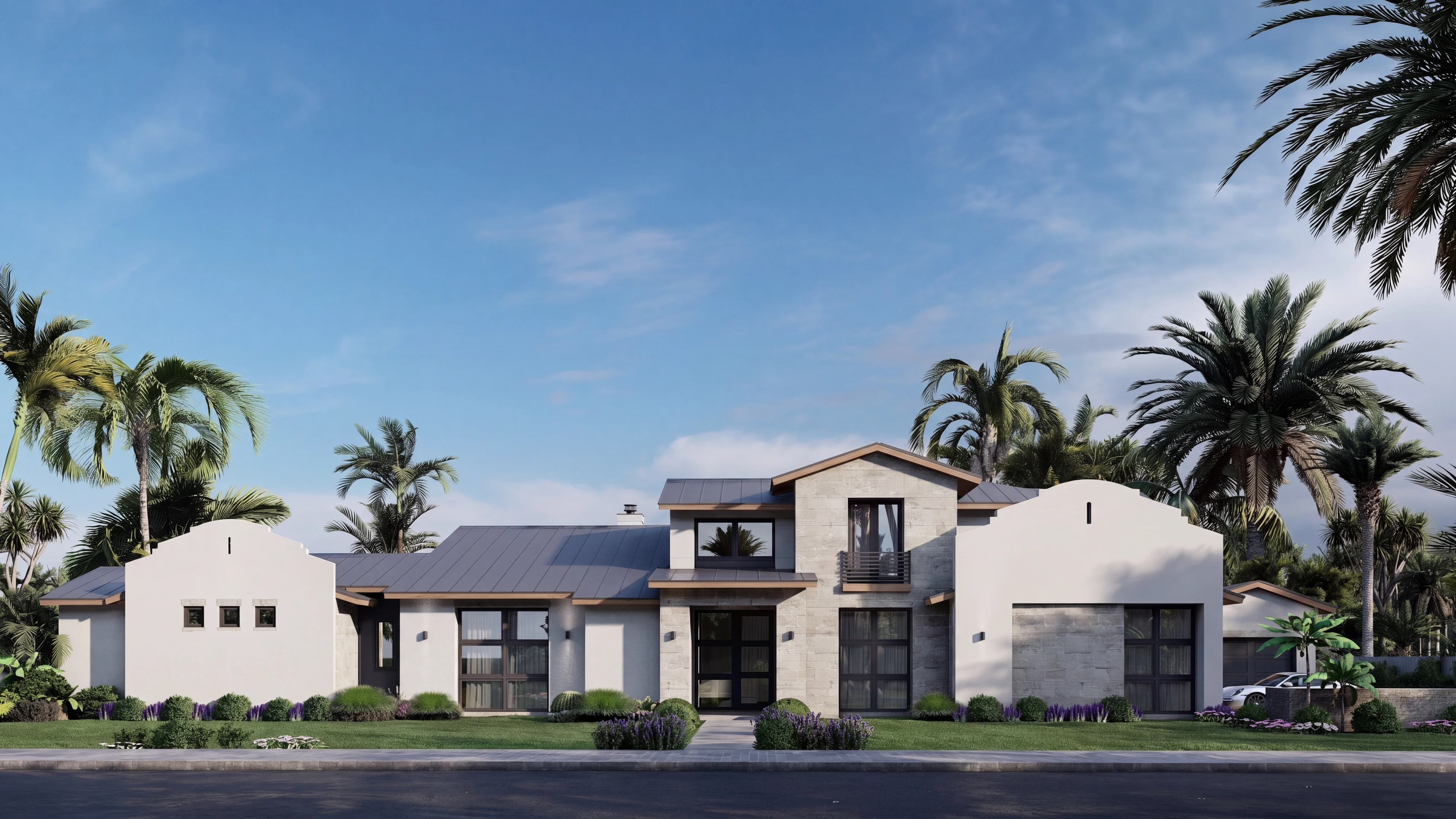 Front exterior of a modern home with an upper-level entry feature.