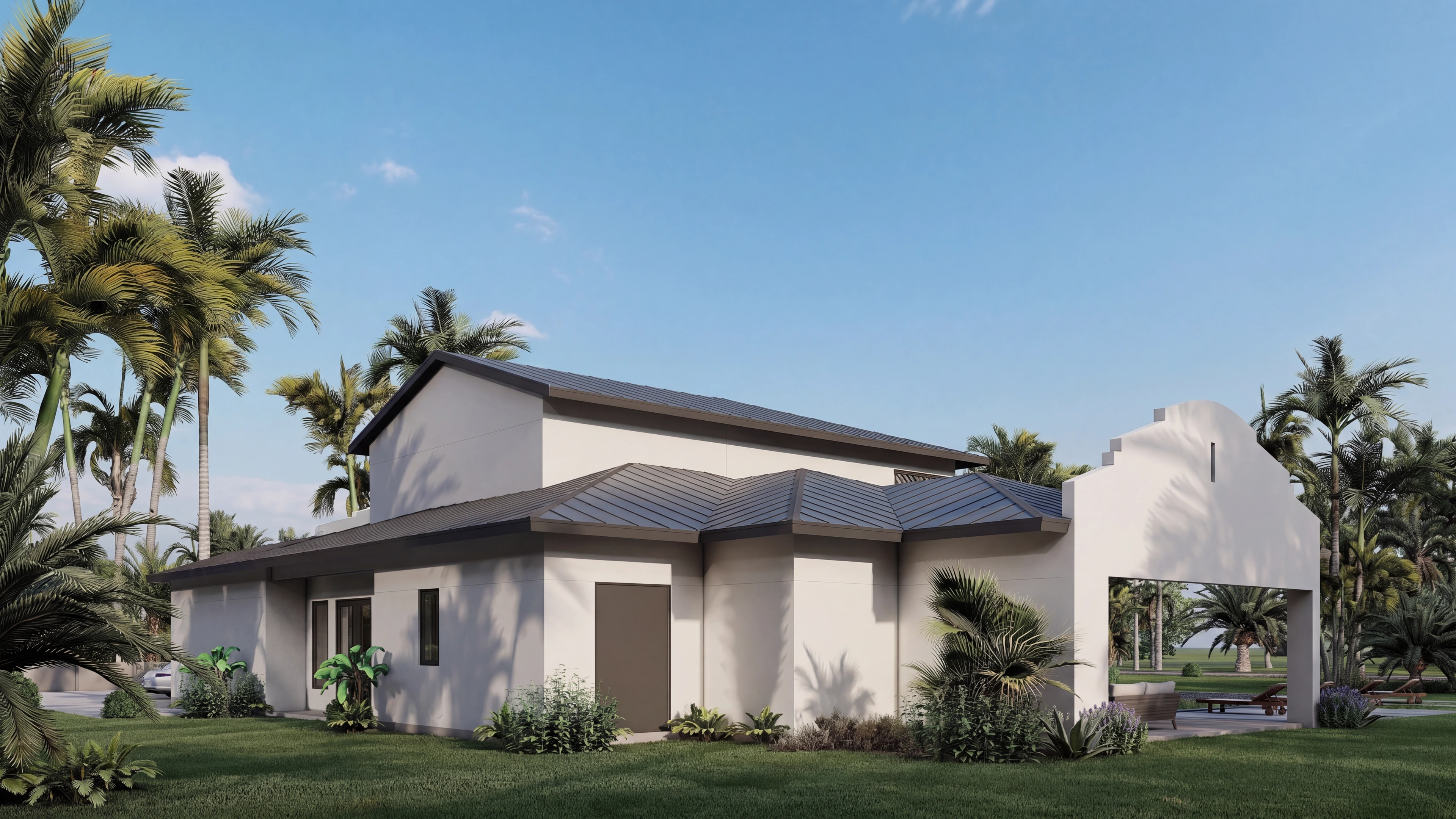 Side exterior with landscaped beds and a broad lawn.