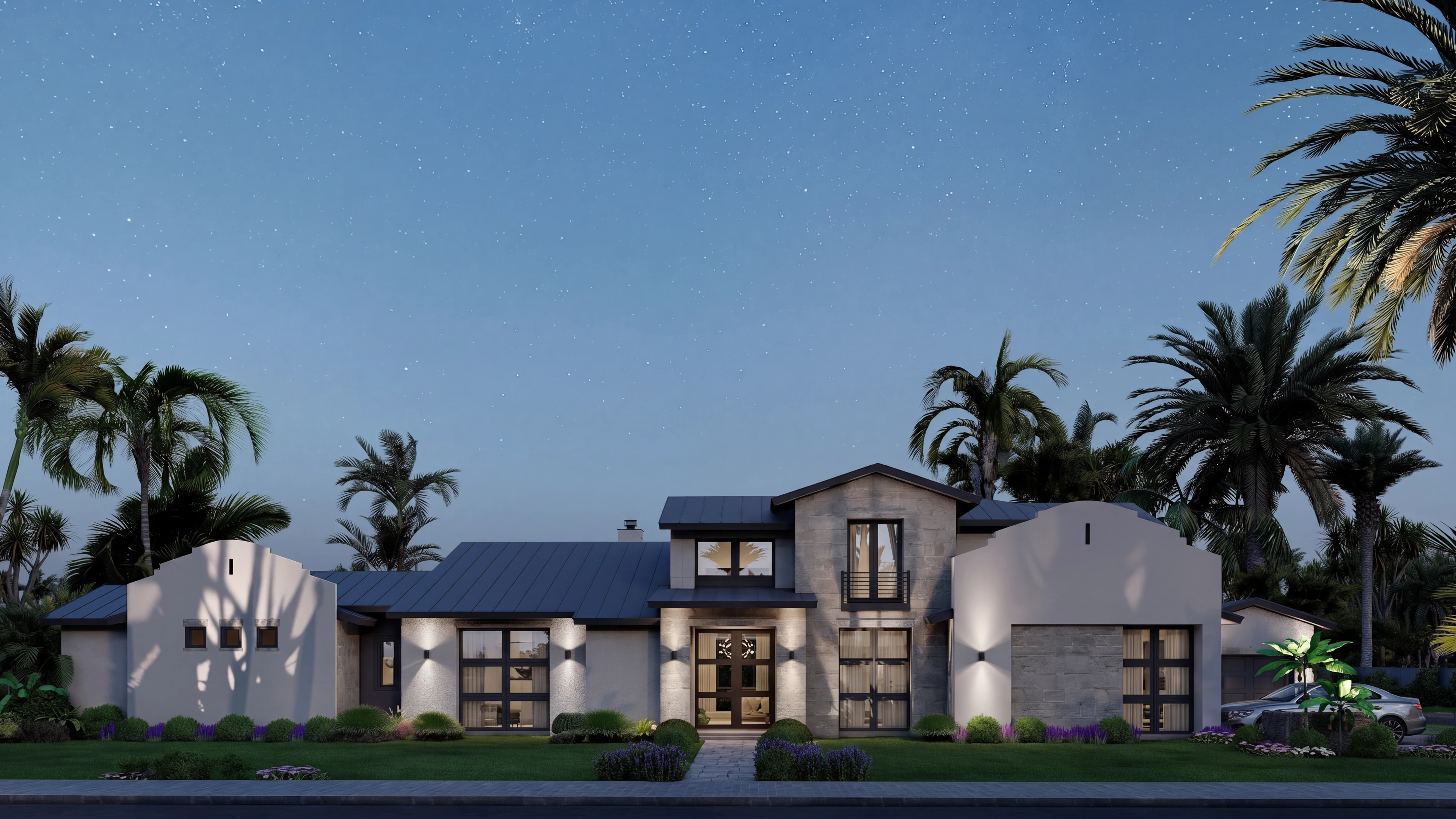 Front elevation with warm lighting at dusk.