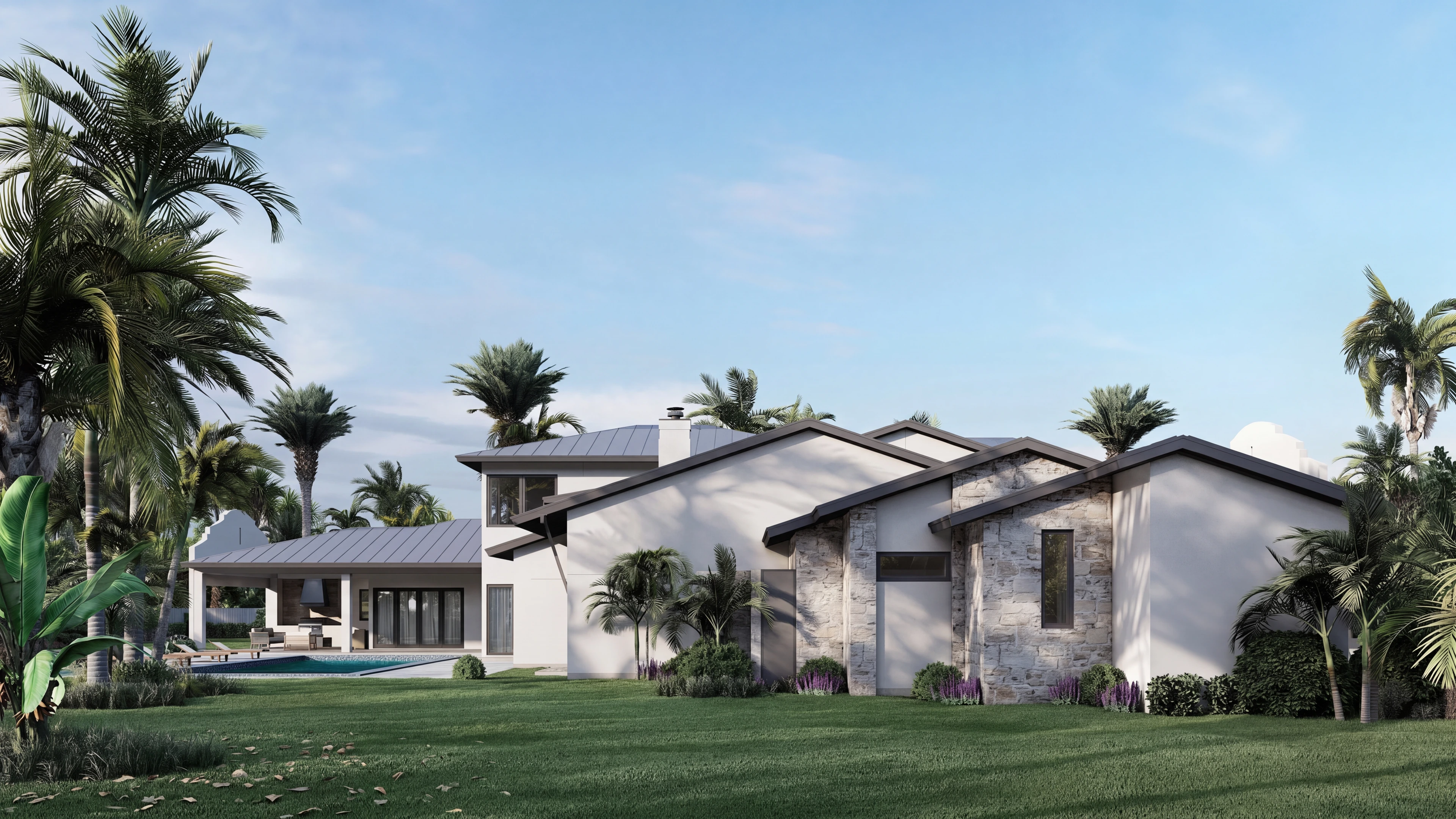 Garden-side exterior with an outdoor dining terrace.