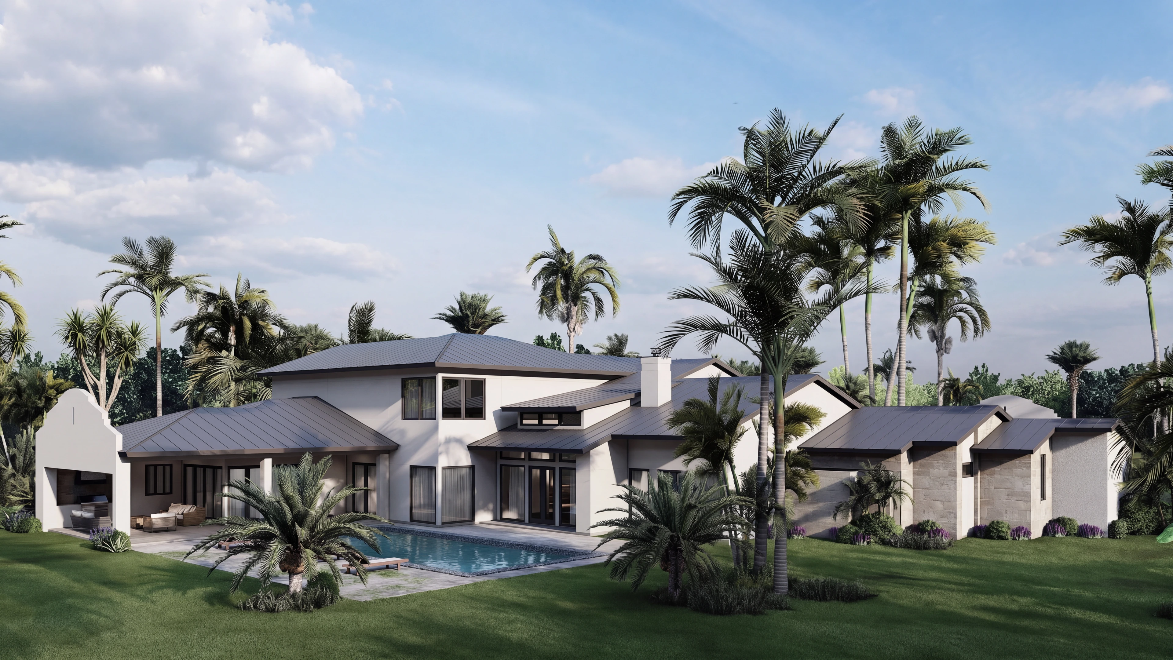 Rear pool terrace with outdoor seating and covered areas.