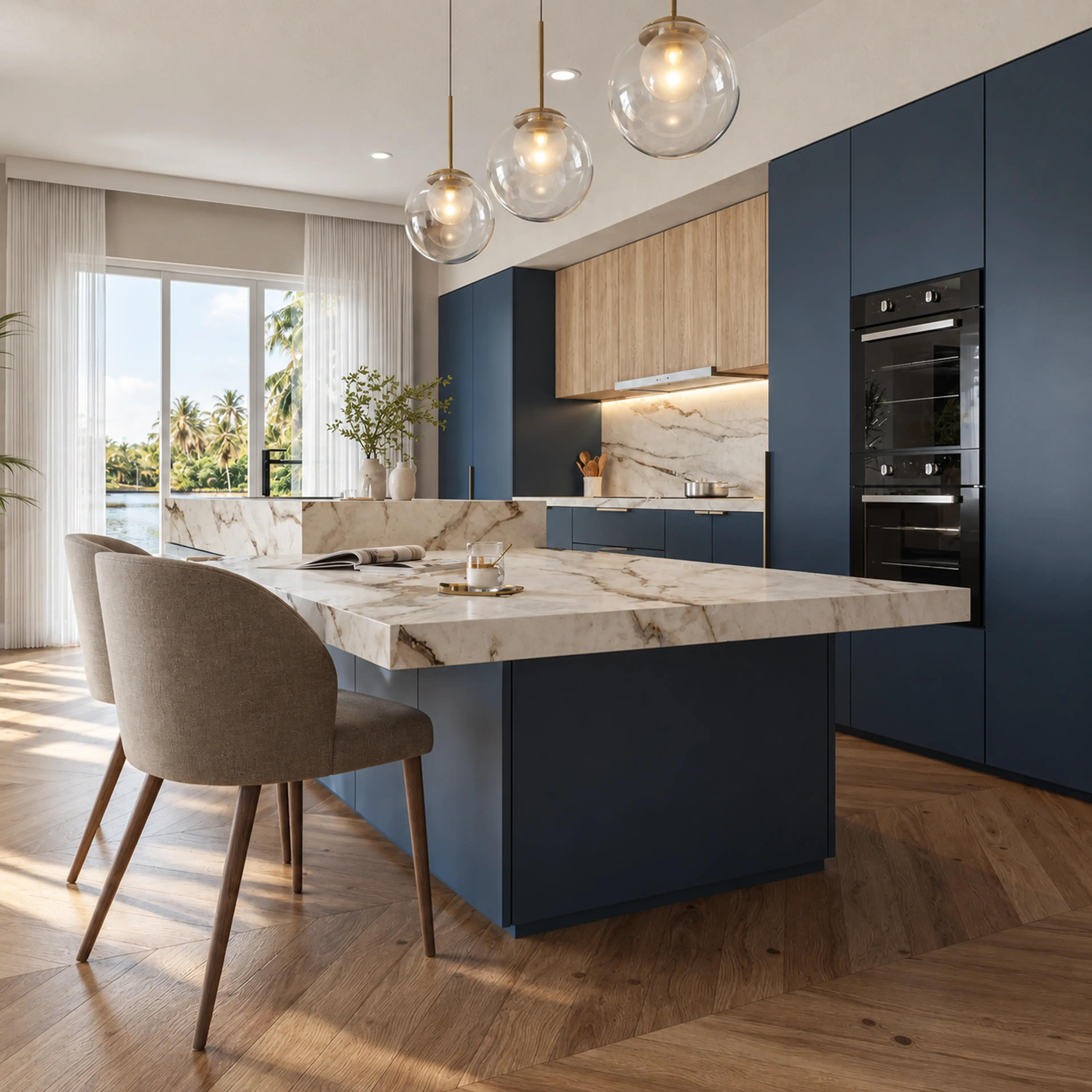 Angled photographic view across the marble island toward navy and wood cabinetry.
