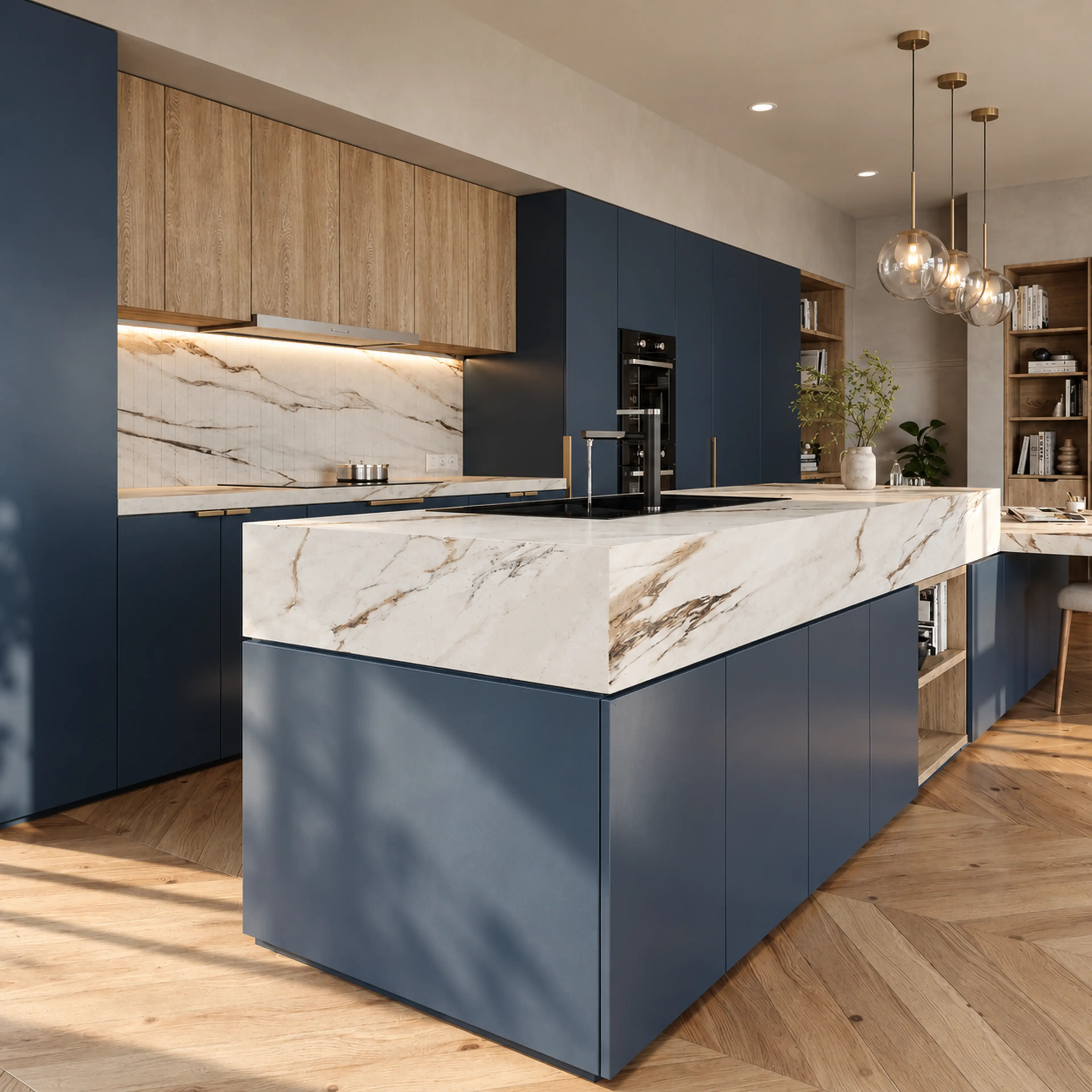 Reverse photographic angle showing the waterfall island and warm wood cabinetry.