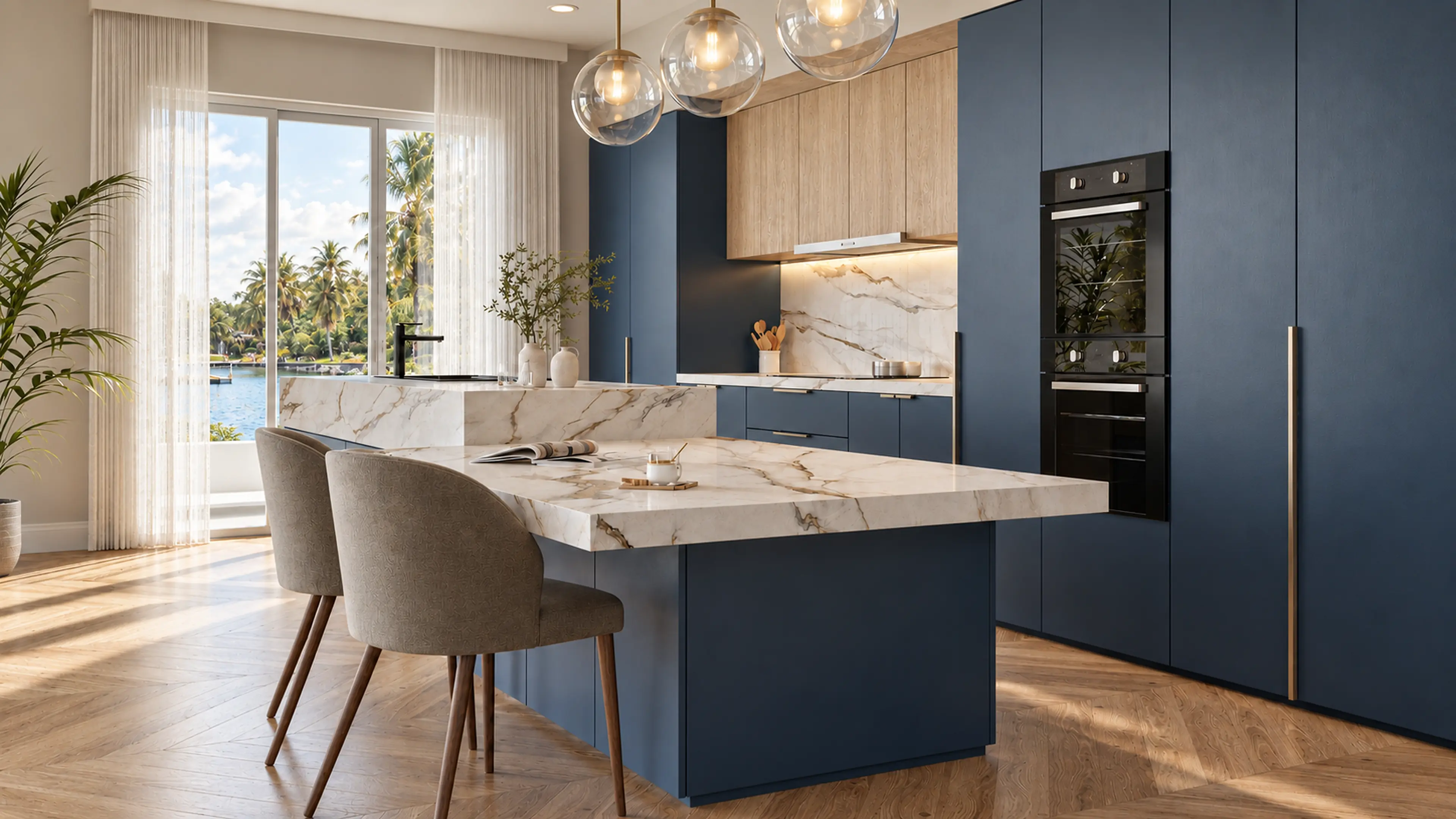 Photographic wide view of navy cabinetry, a veined stone island and globe pendants.