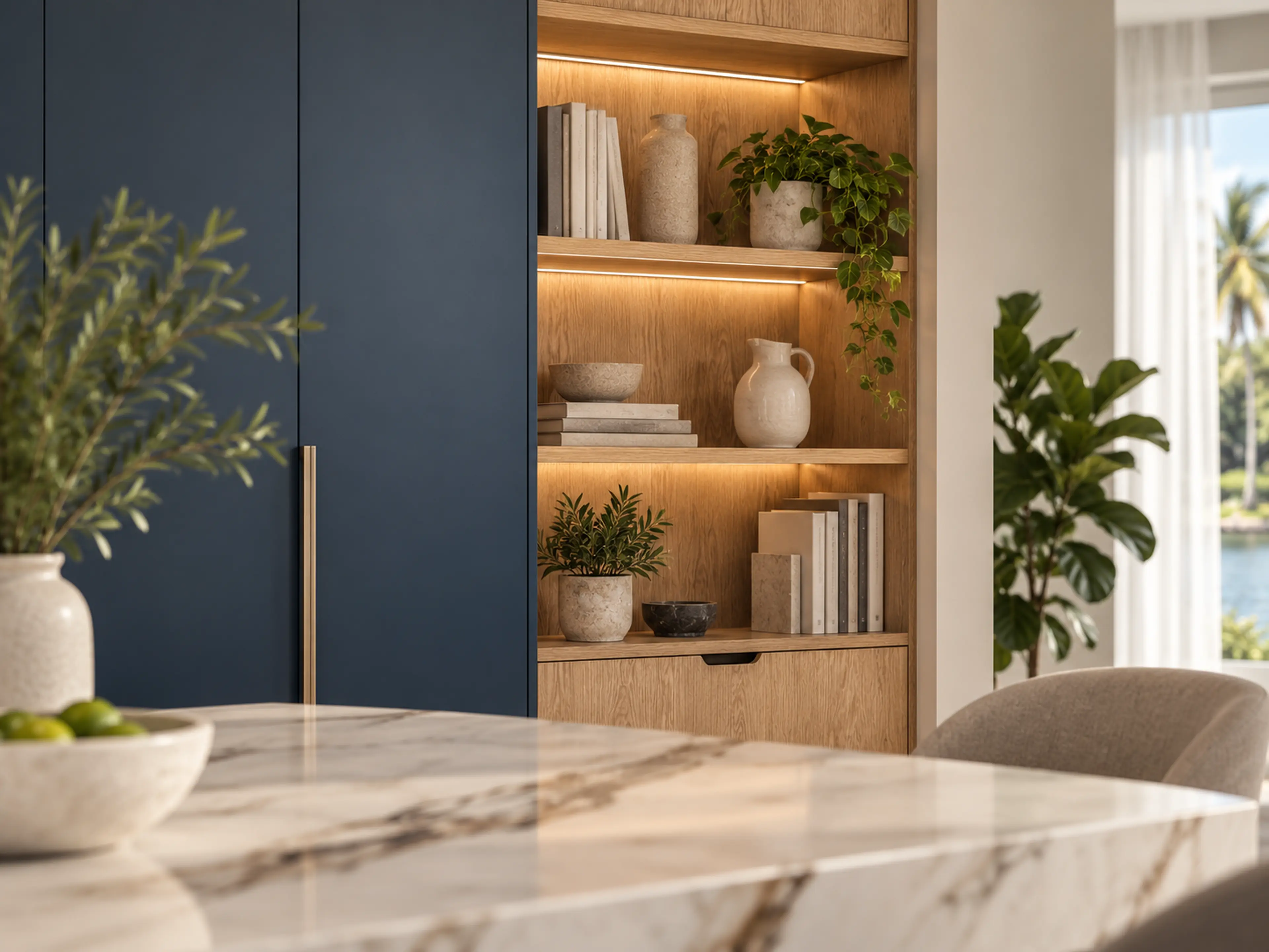 Supplemental Modern Elegance Kitchen project study of custom illuminated oak shelving beside the navy pantry wall.