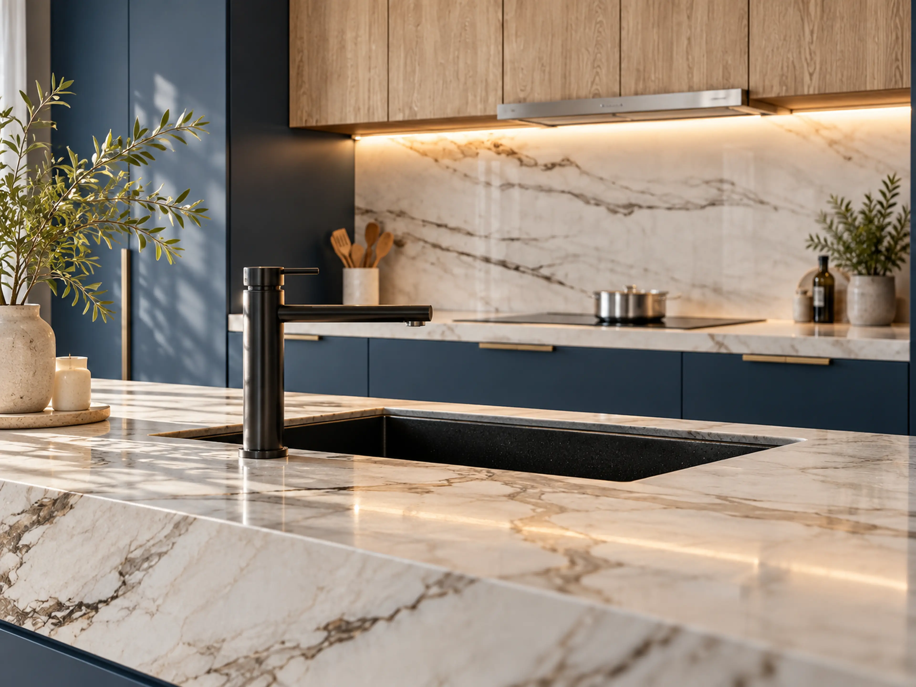 Supplemental Modern Elegance Kitchen project study of the integrated black sink and faucet within the veined stone island.