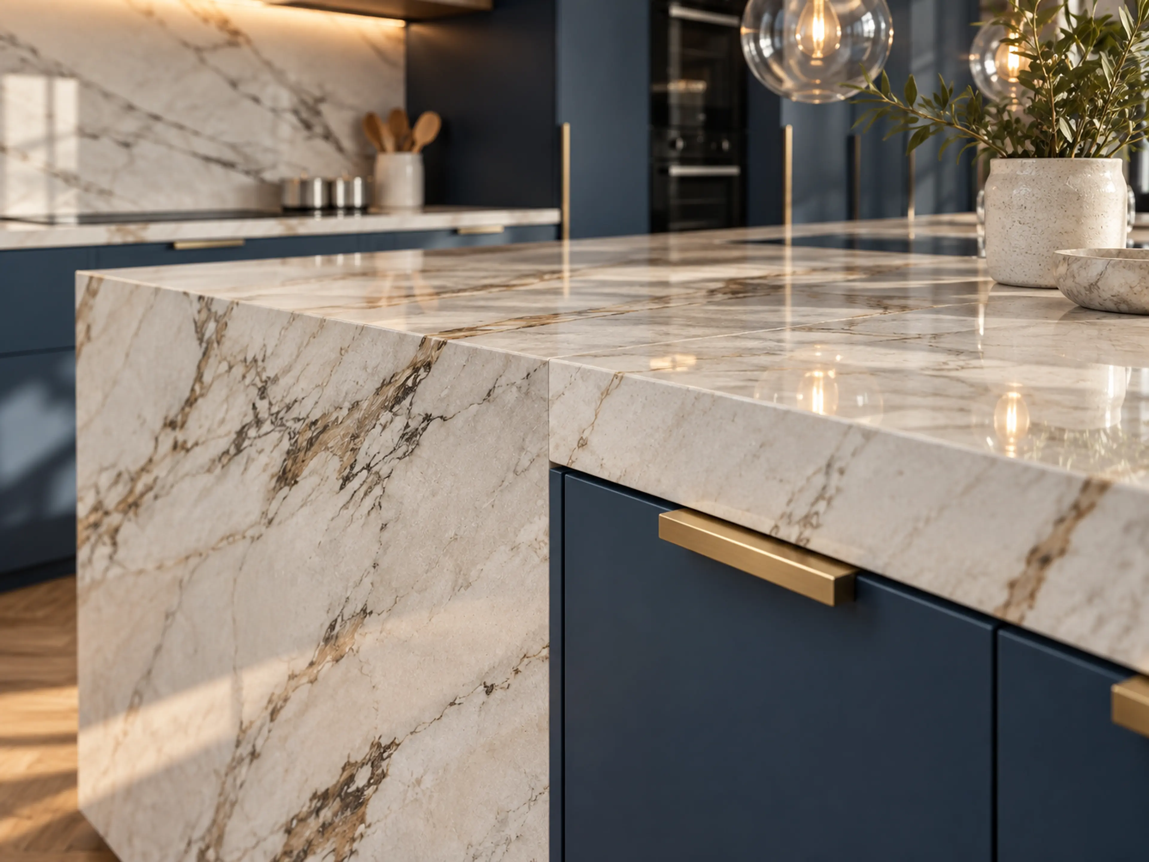 Supplemental Modern Elegance Kitchen project study of the veined stone waterfall edge, navy drawer fronts and brass hardware.