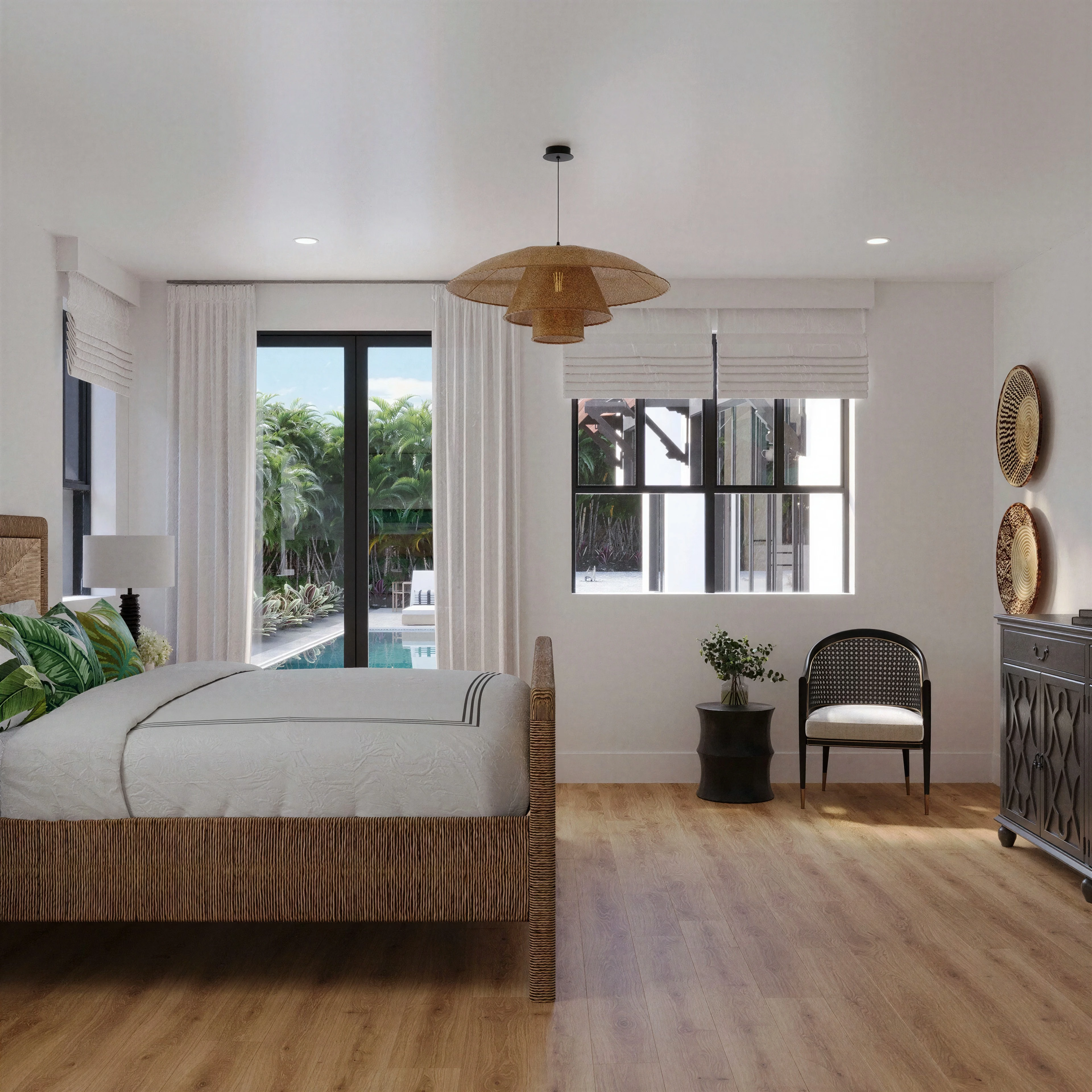 Bedroom with wood furniture and a dressing area.