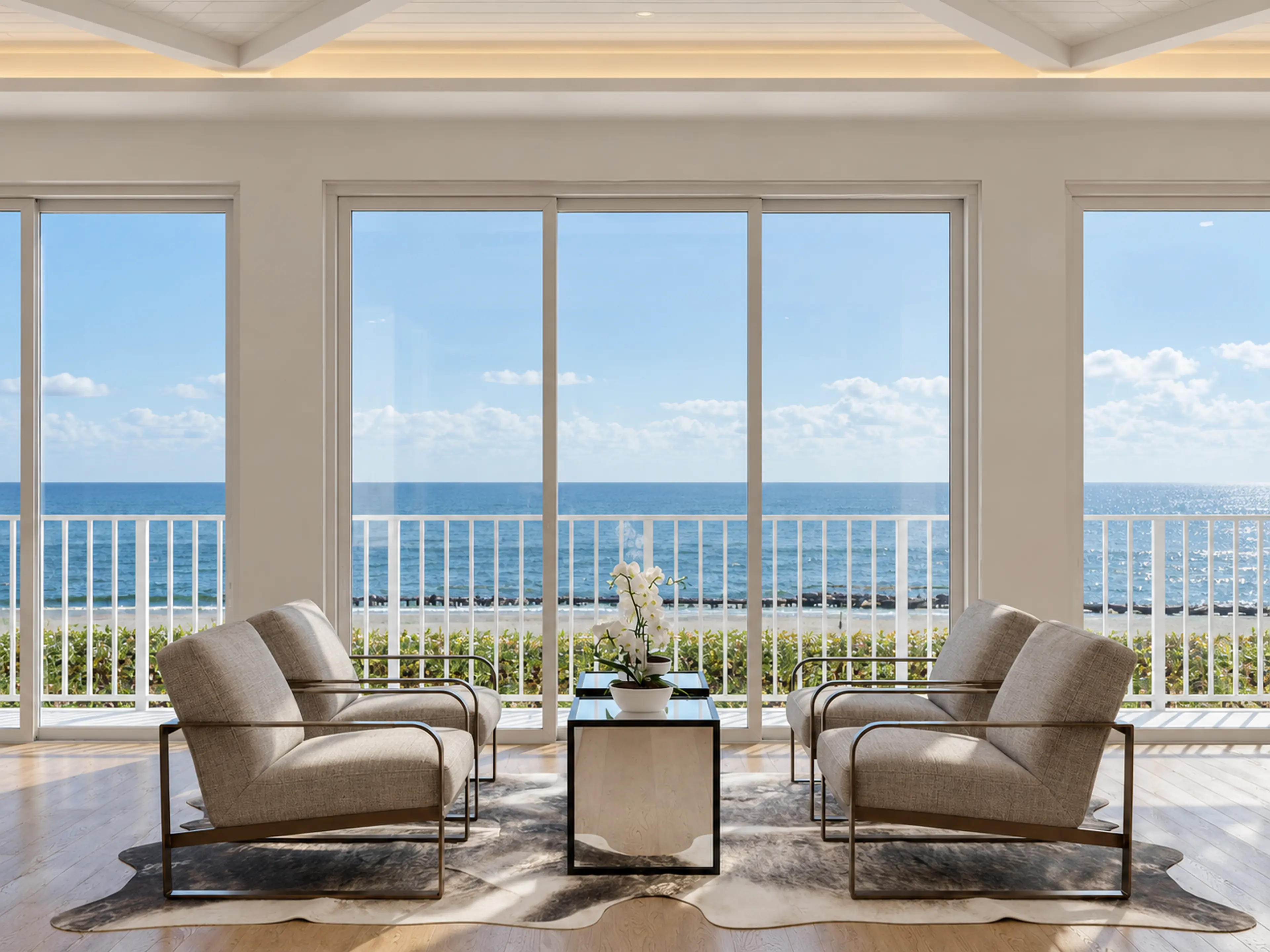 Photographic oceanfront sitting area framed by floor-to-ceiling glass.