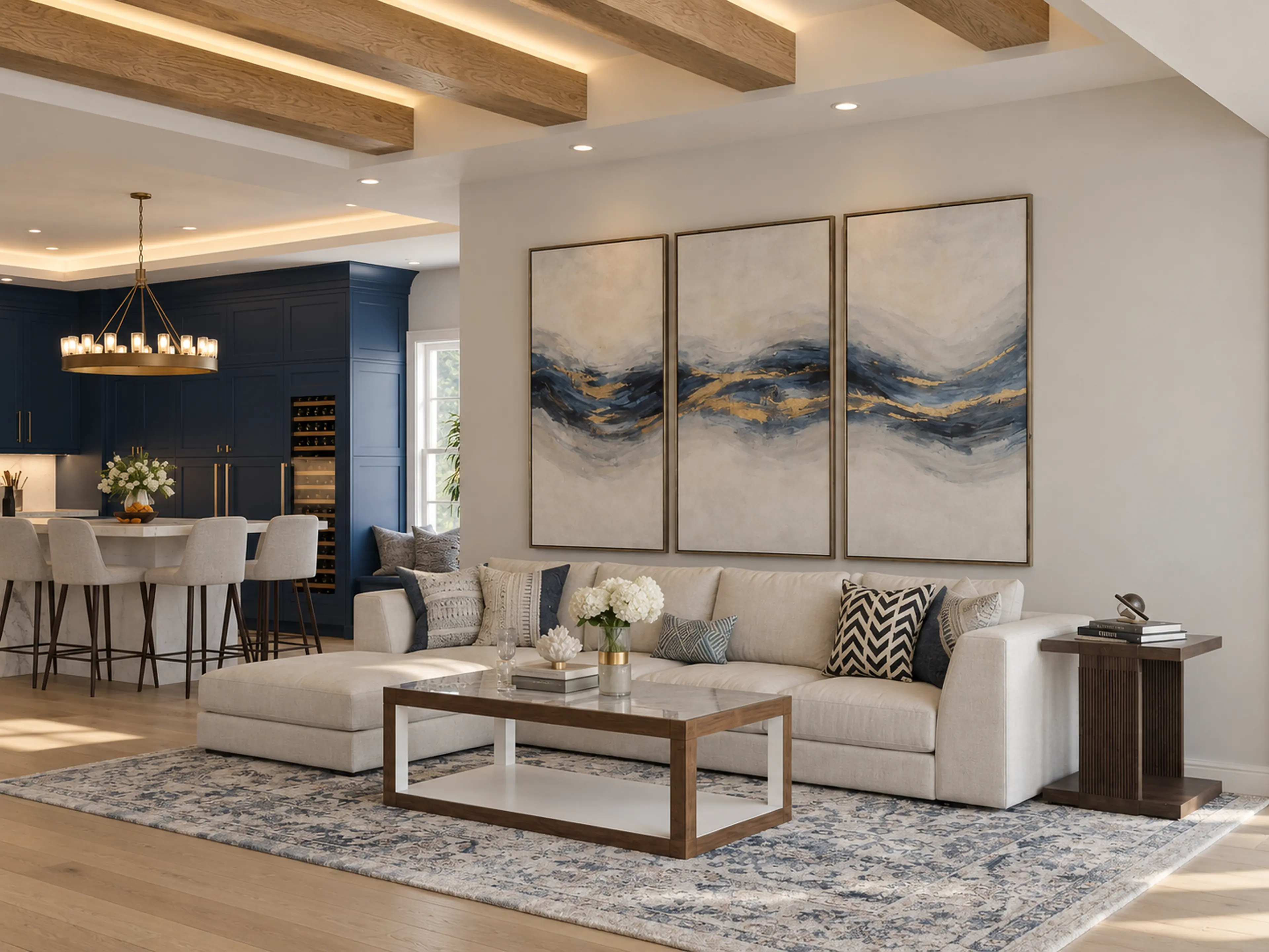 Photographic living room with a navy kitchen and wine storage beyond.