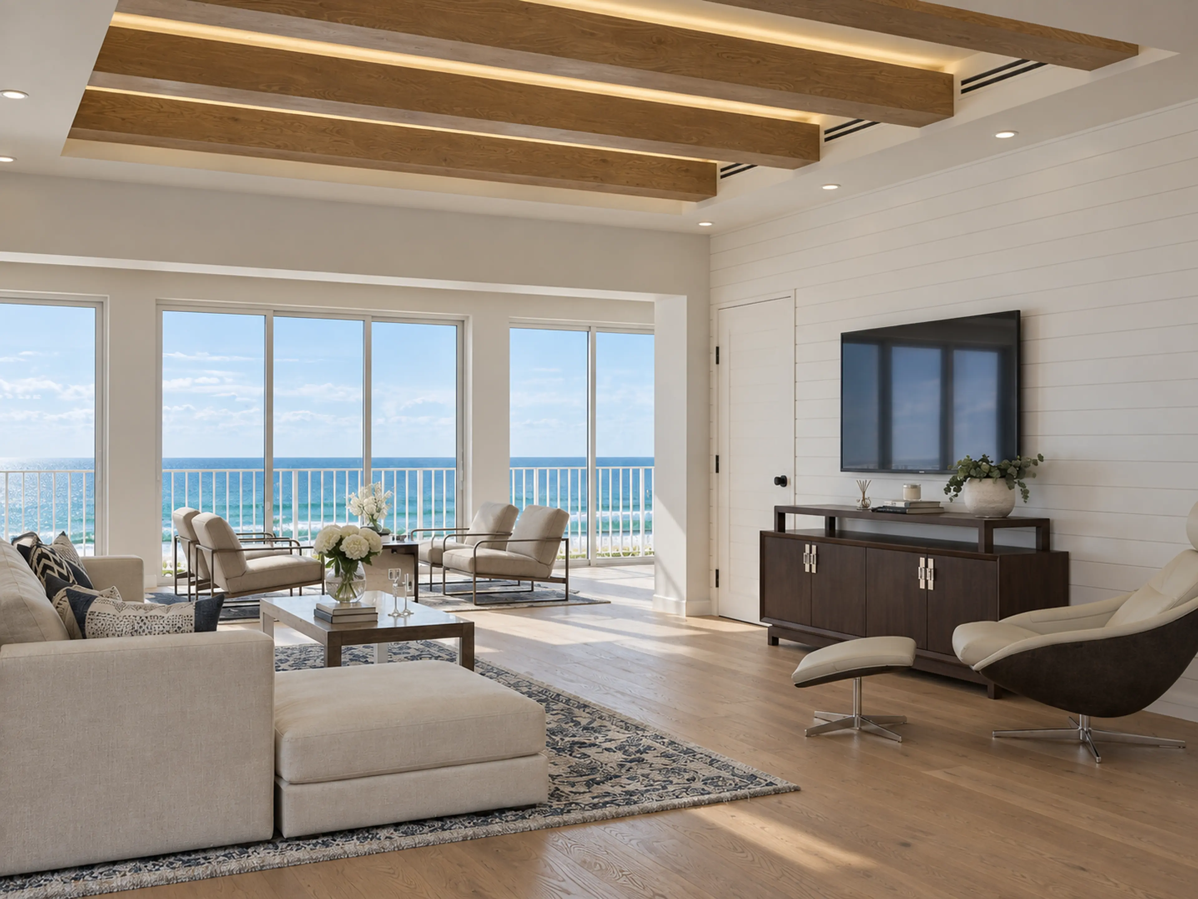 Photographic living room media wall facing broad ocean windows.