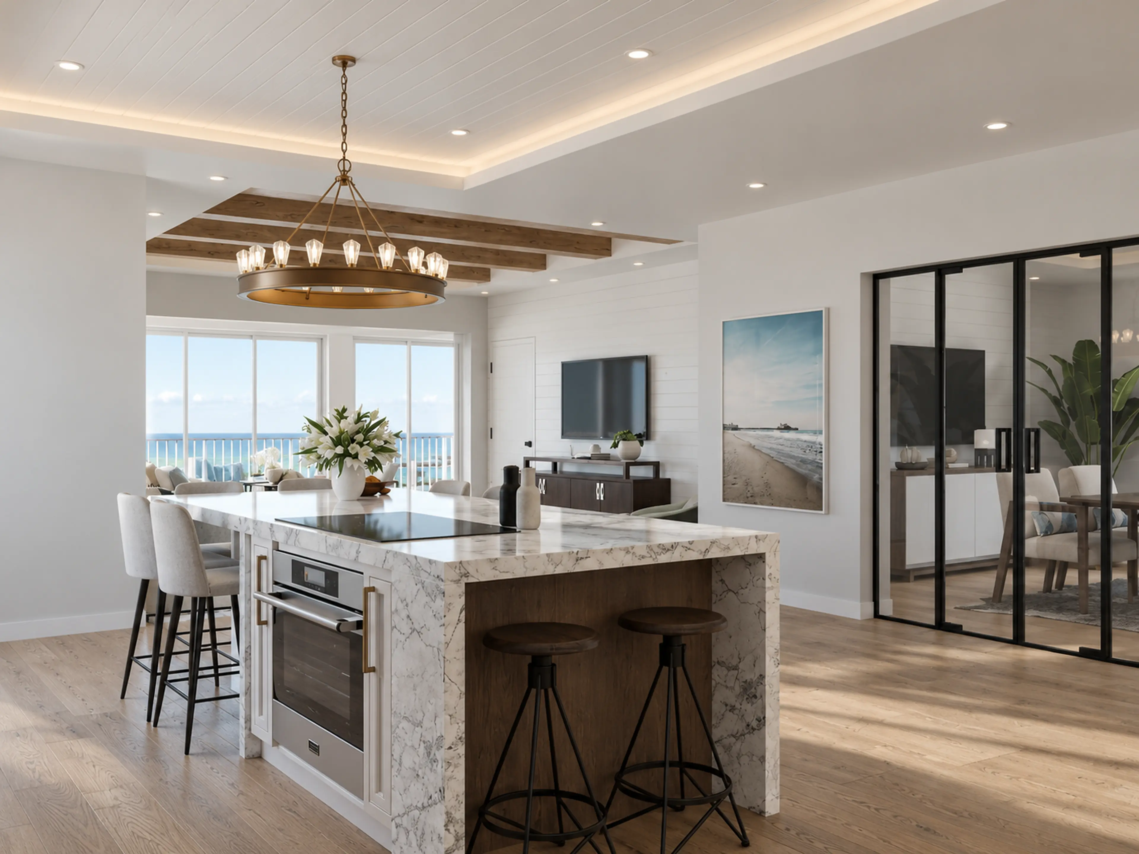 Photographic marble kitchen island opening toward the dining room and ocean.