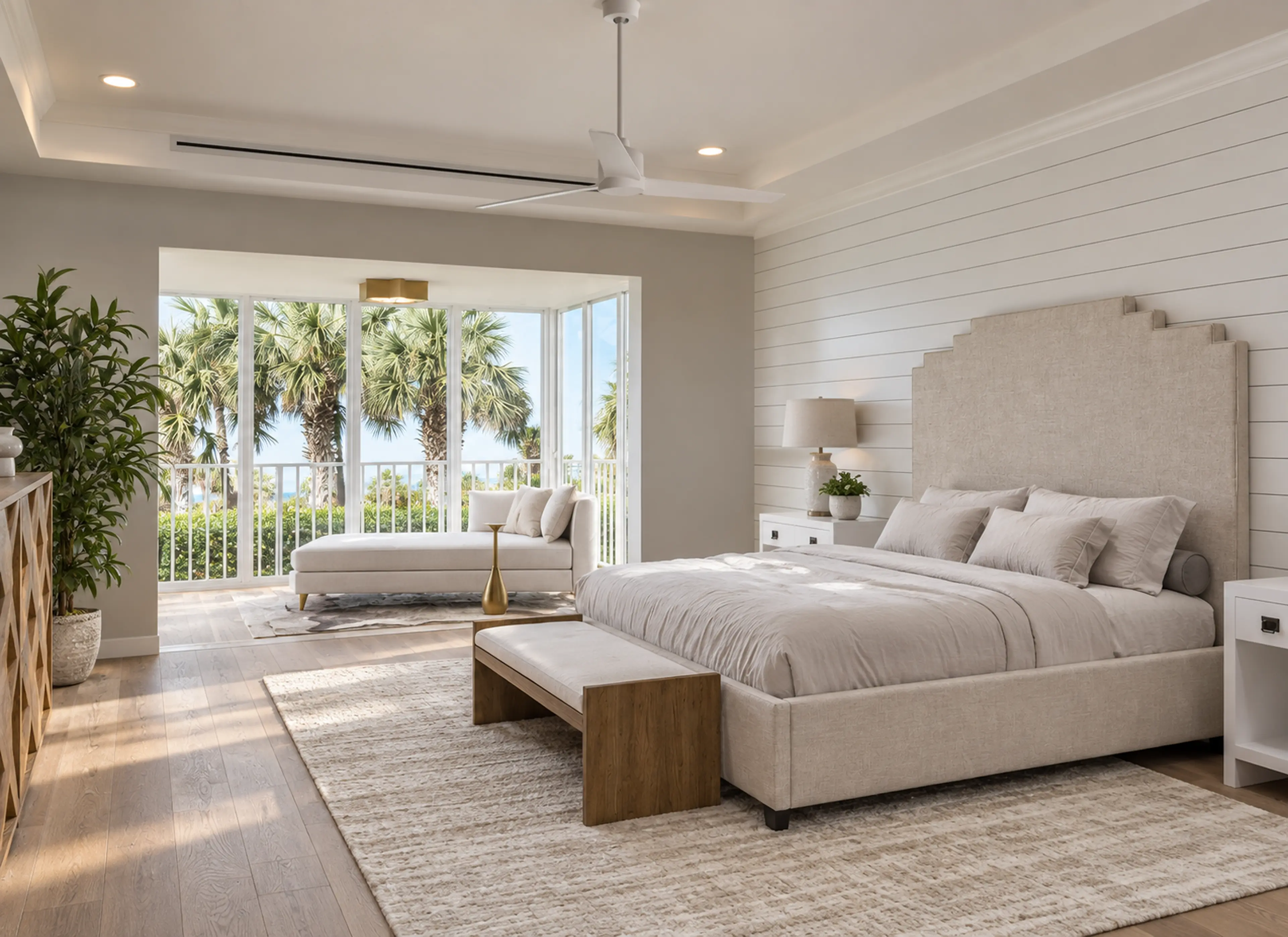 Photographic primary bedroom with shiplap walls and a palm-framed terrace.