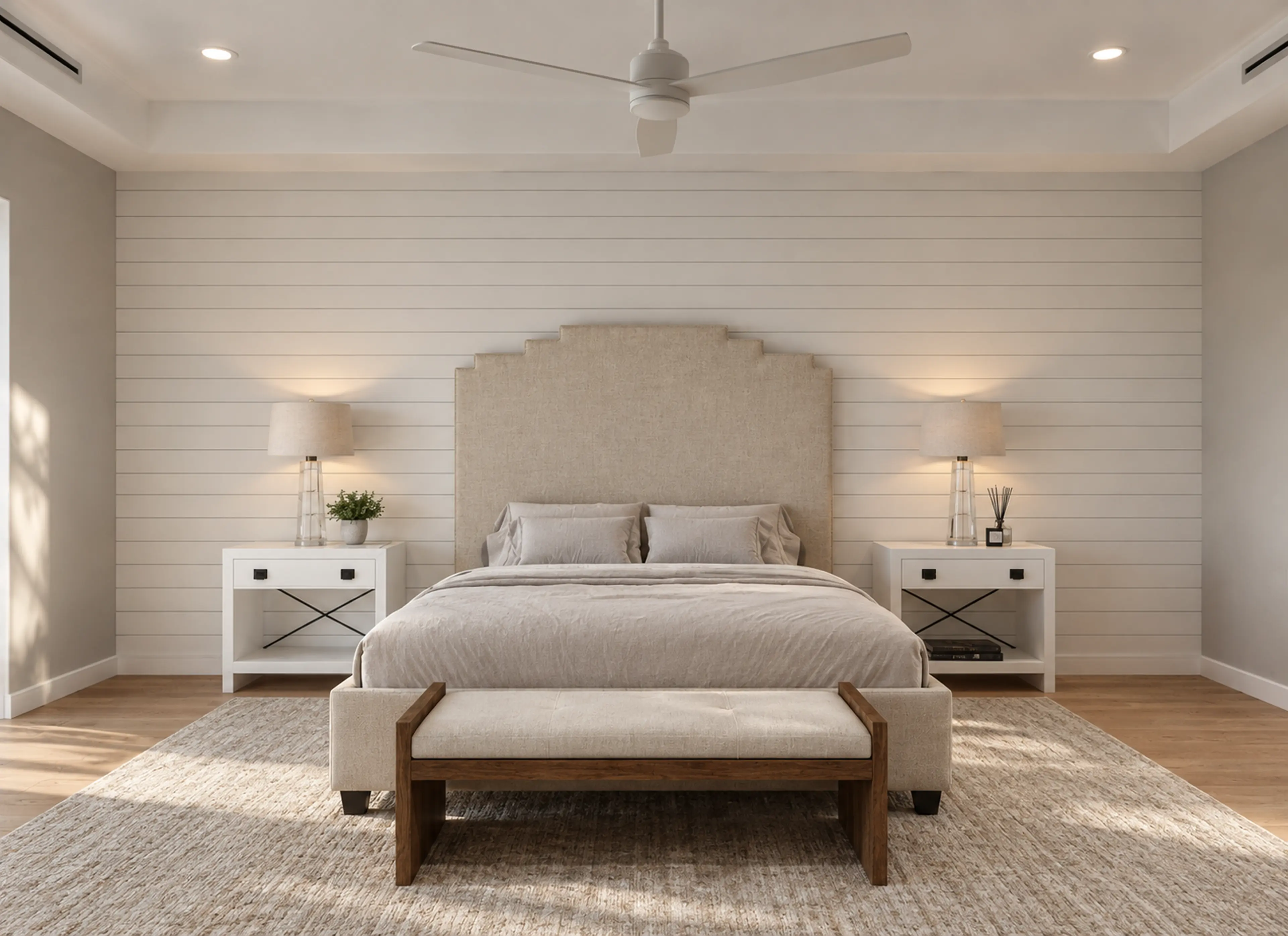 Photographic front view of a neutral primary bedroom with balanced bedside lighting.