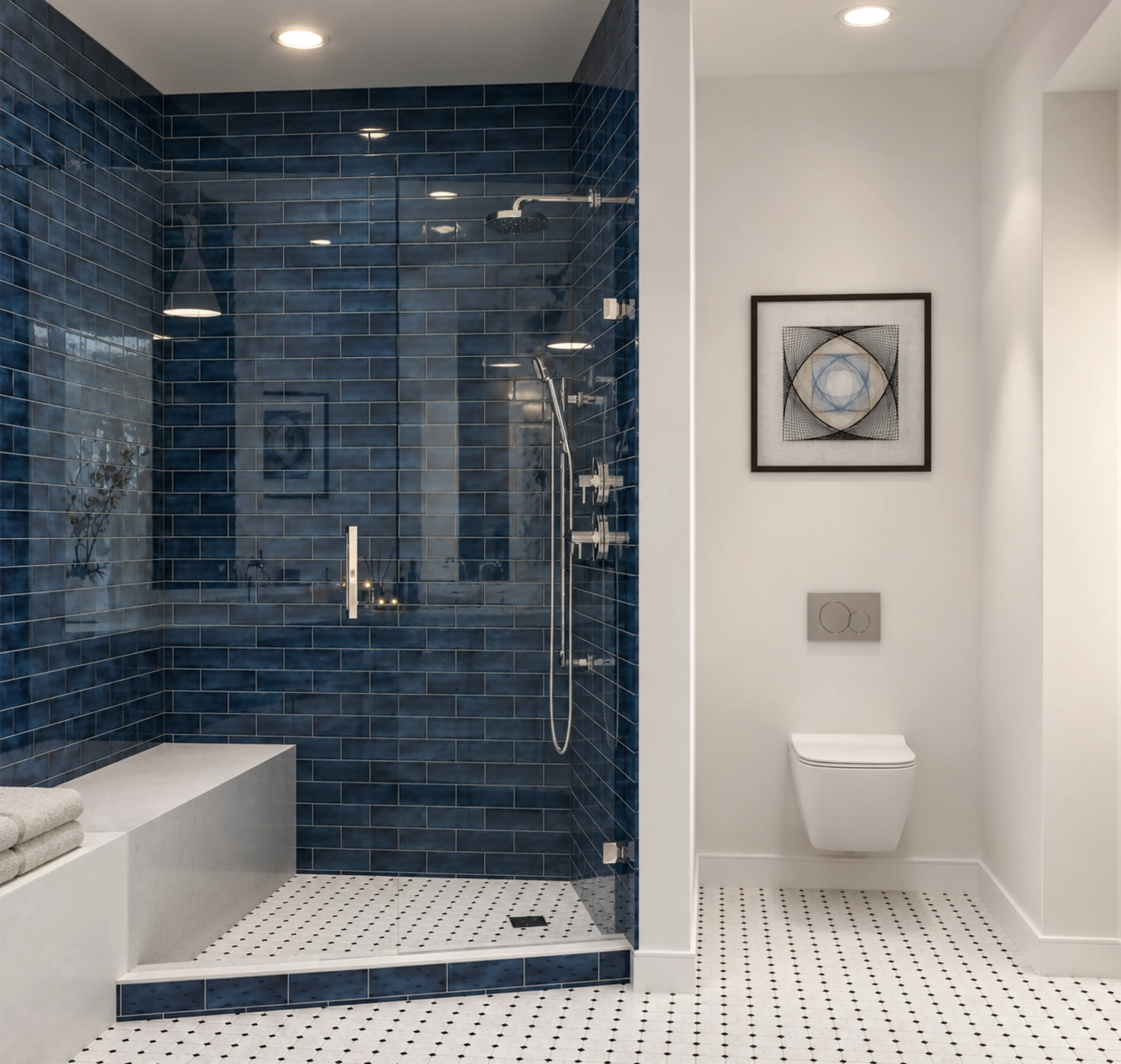 Photographic walk-in shower with deep blue tile beside a private water closet.