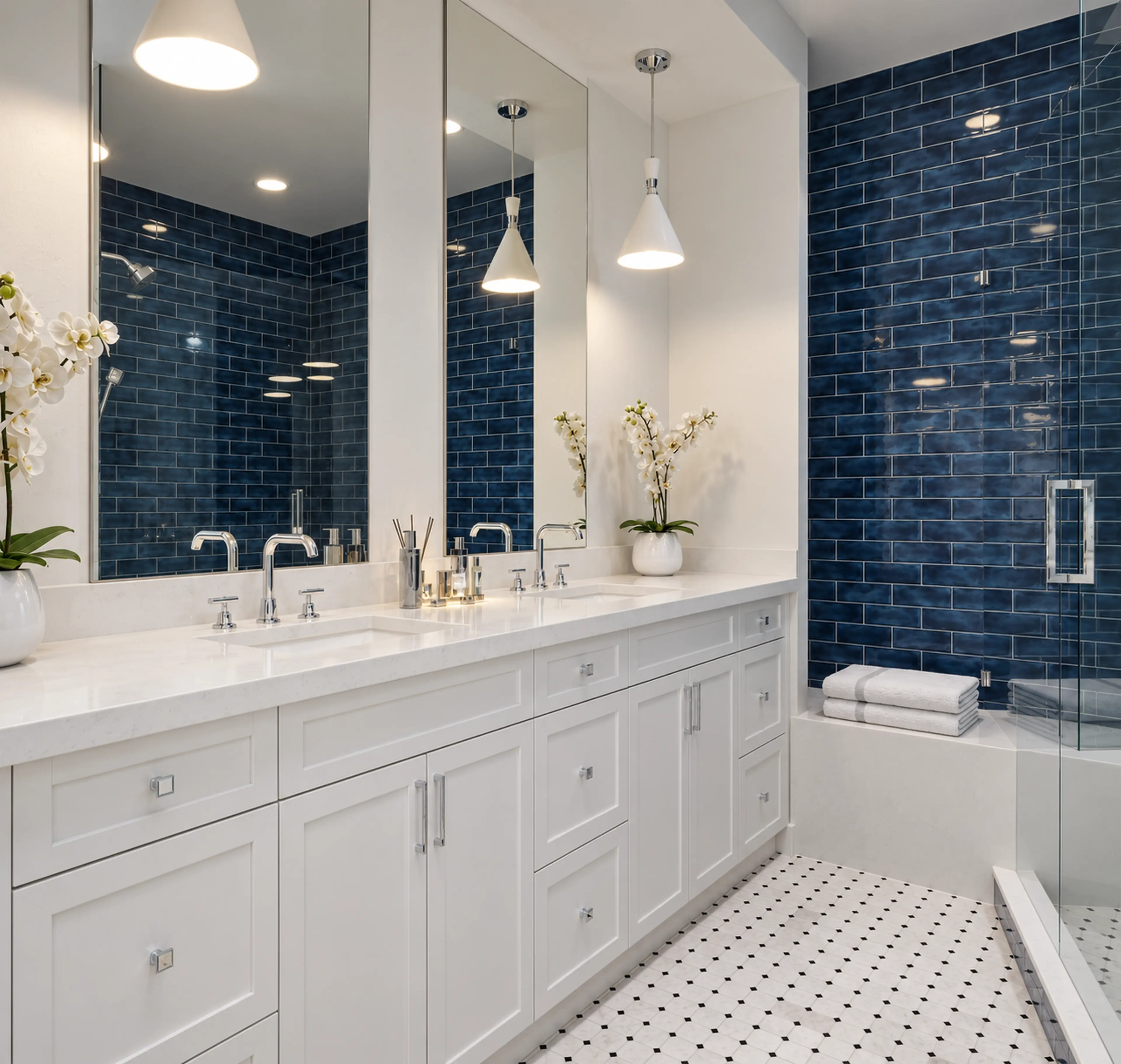 Photographic white double vanity beside a blue-tile glass shower.