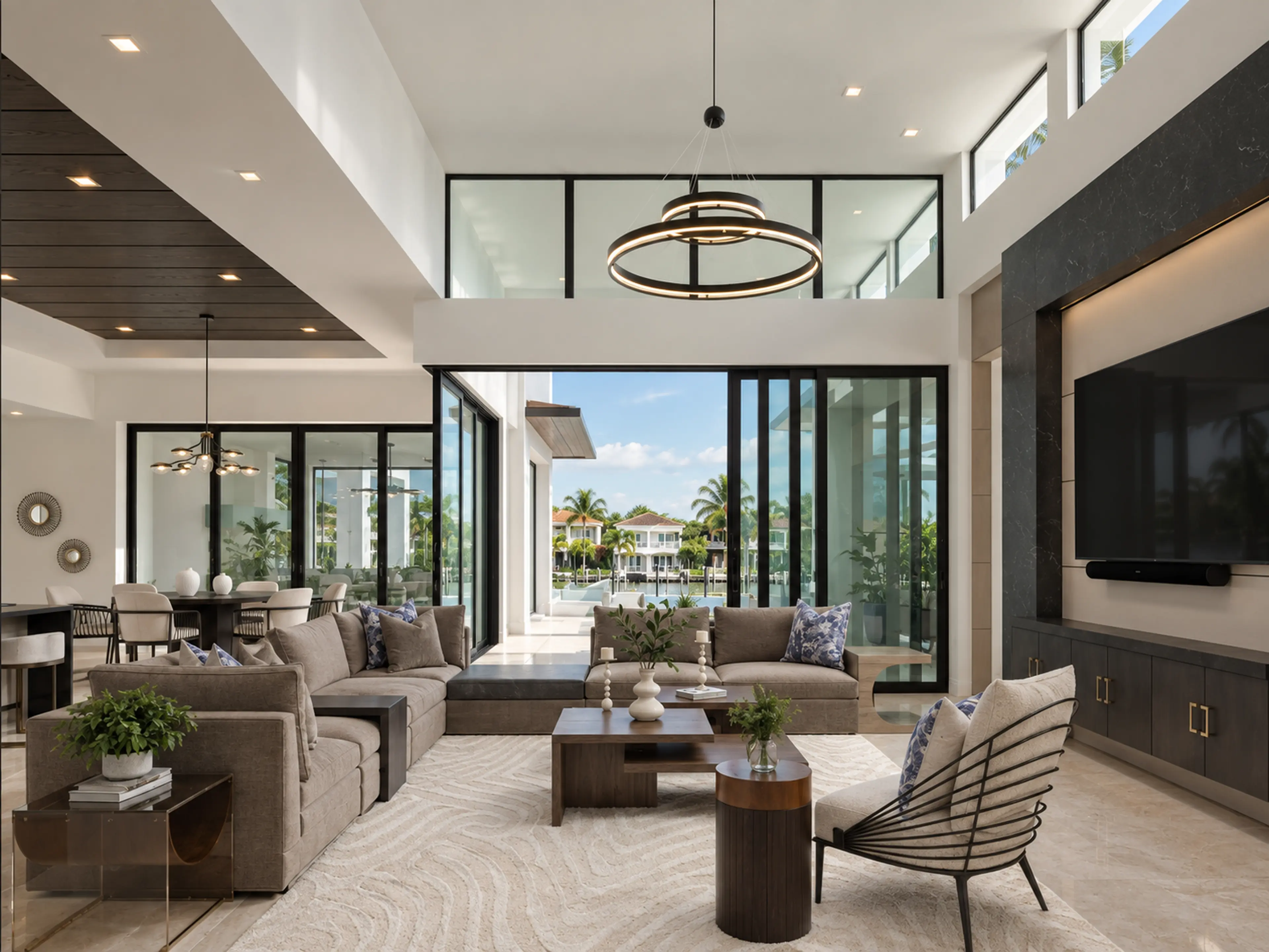 Double-height living room opening toward the waterfront terrace.