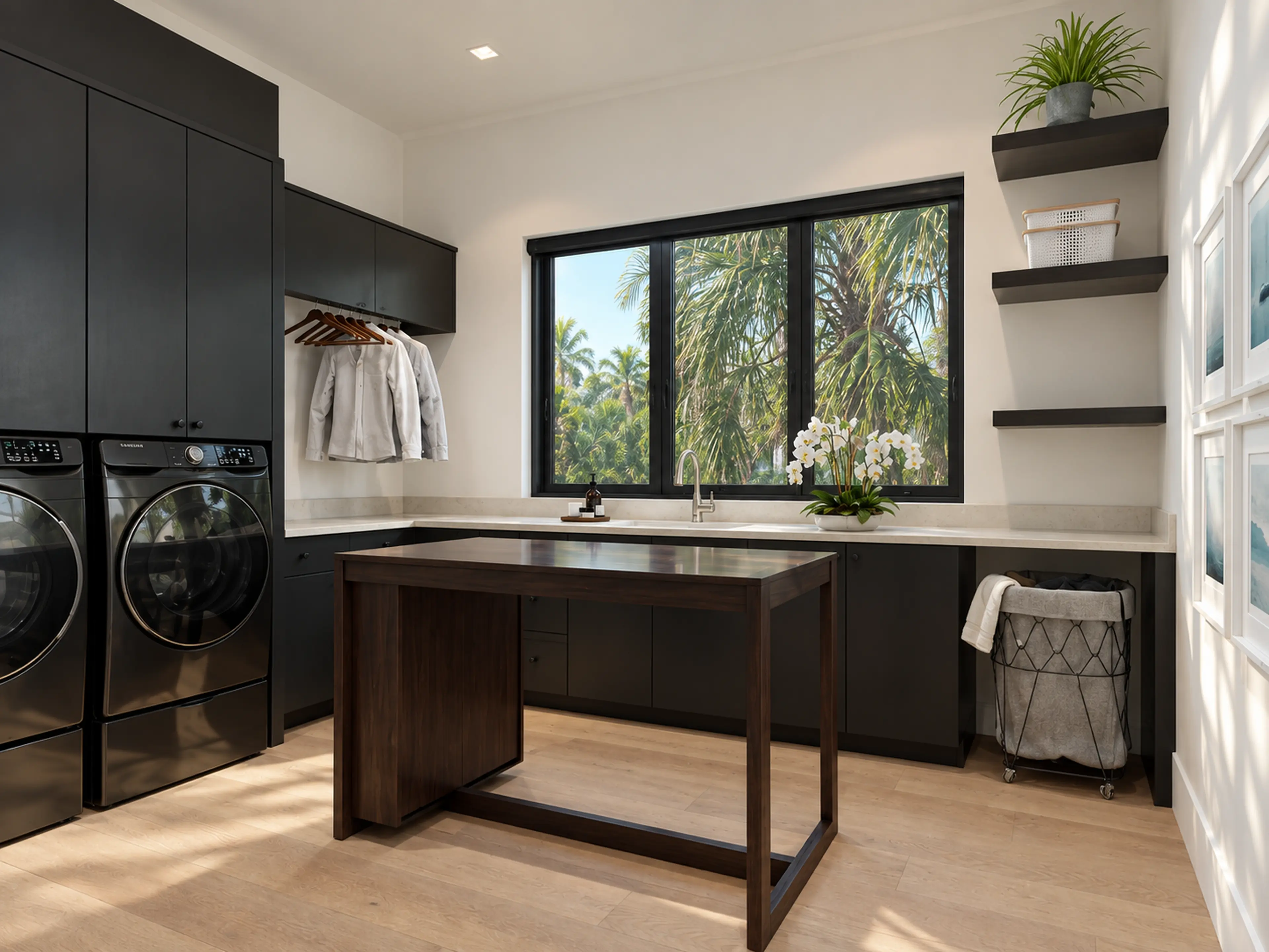 Laundry room with black cabinetry, a work island and stacked appliances.