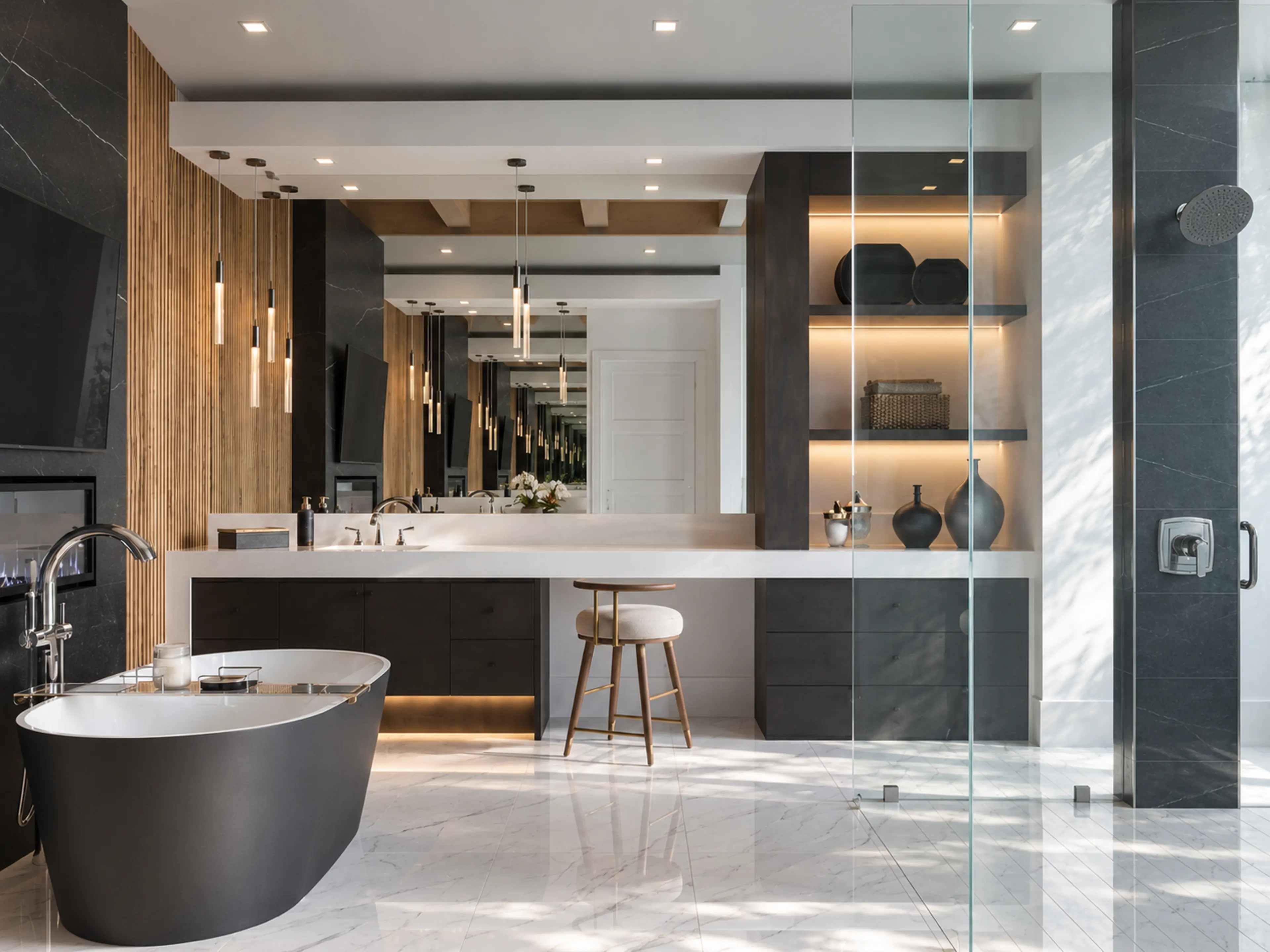 Primary bathroom with a dark soaking tub, double vanity and glass shower.