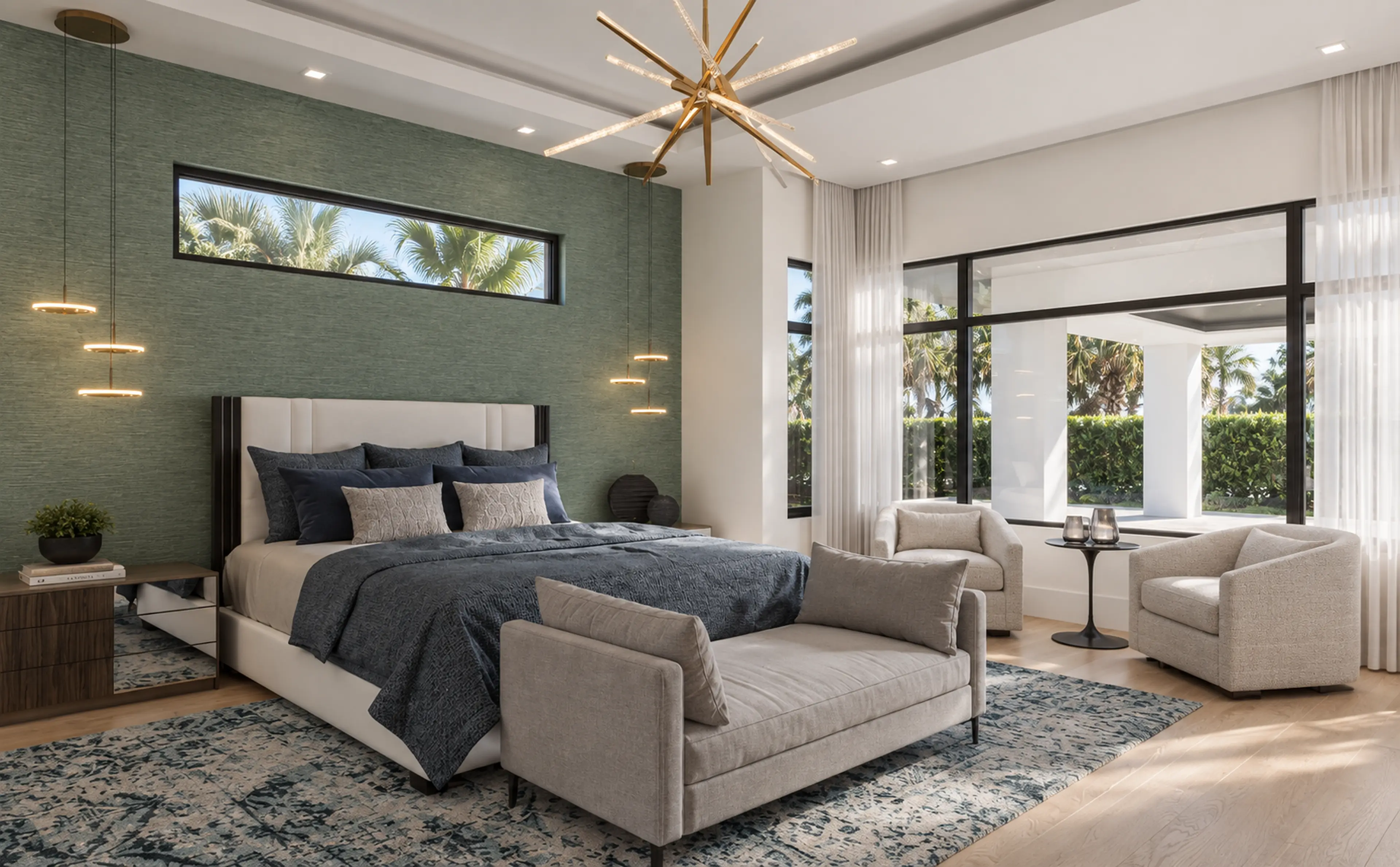Primary bedroom with a green accent wall and window-side seating.