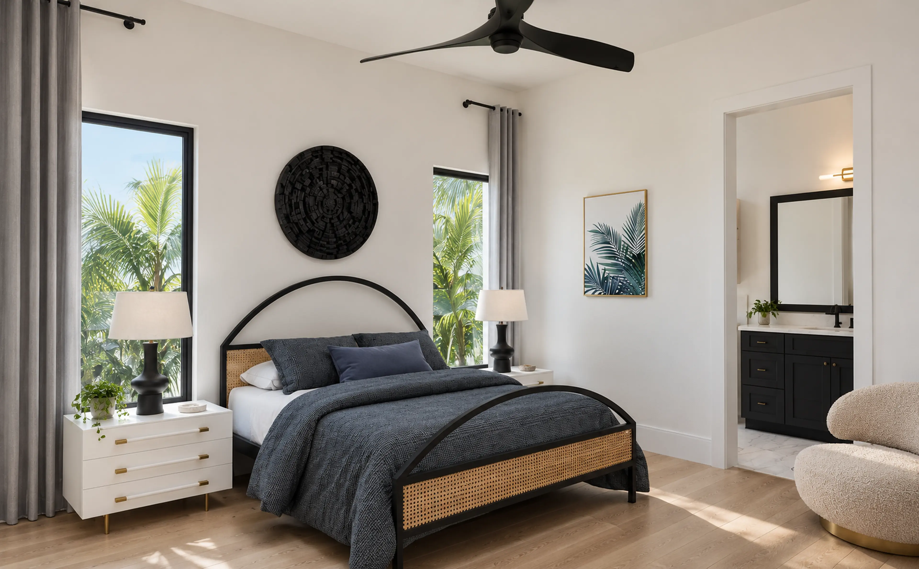 Secondary bedroom with a curved dark bed and an en suite vanity.