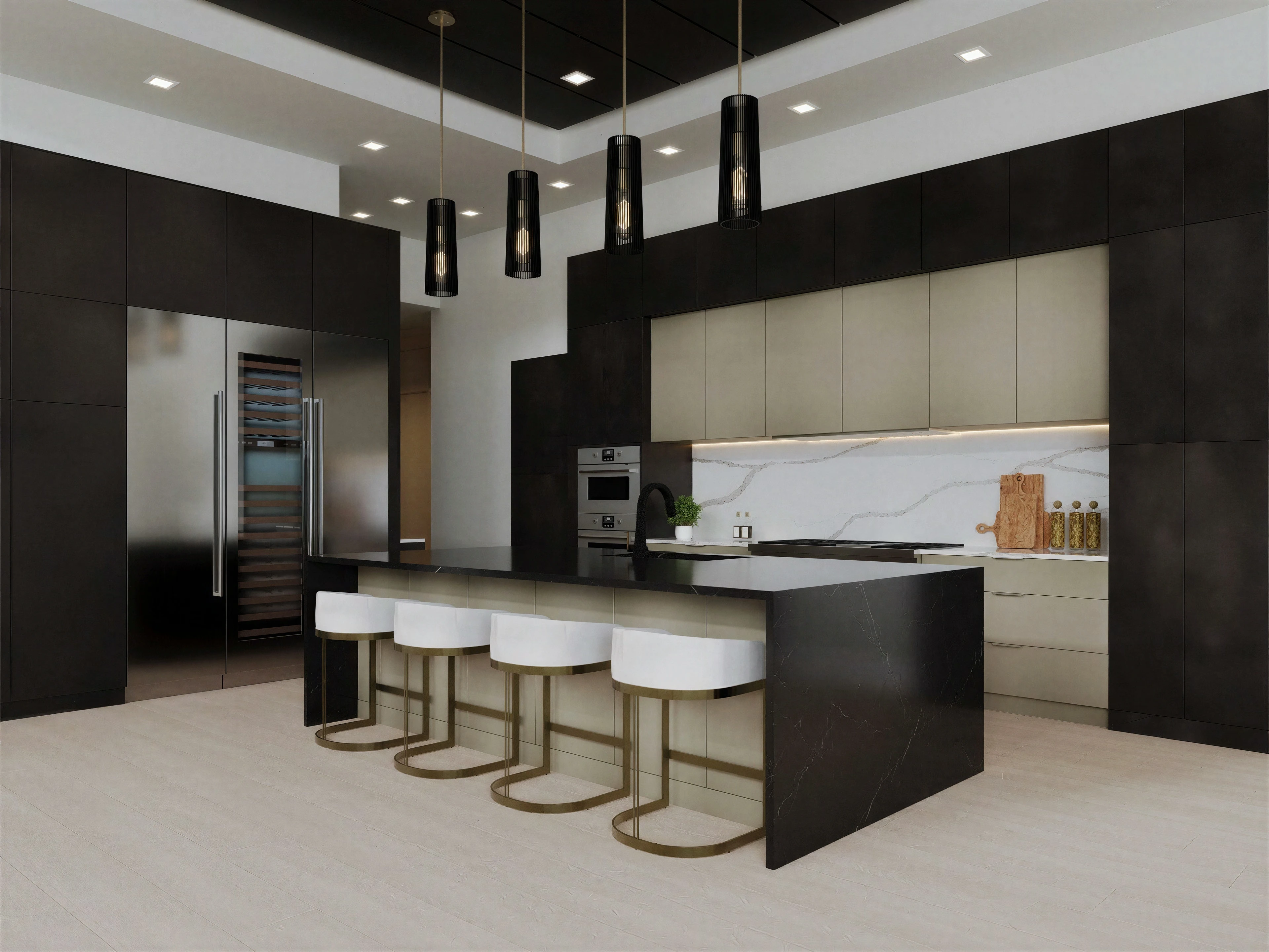 Kitchen with a dark island and a row of pale counter stools.